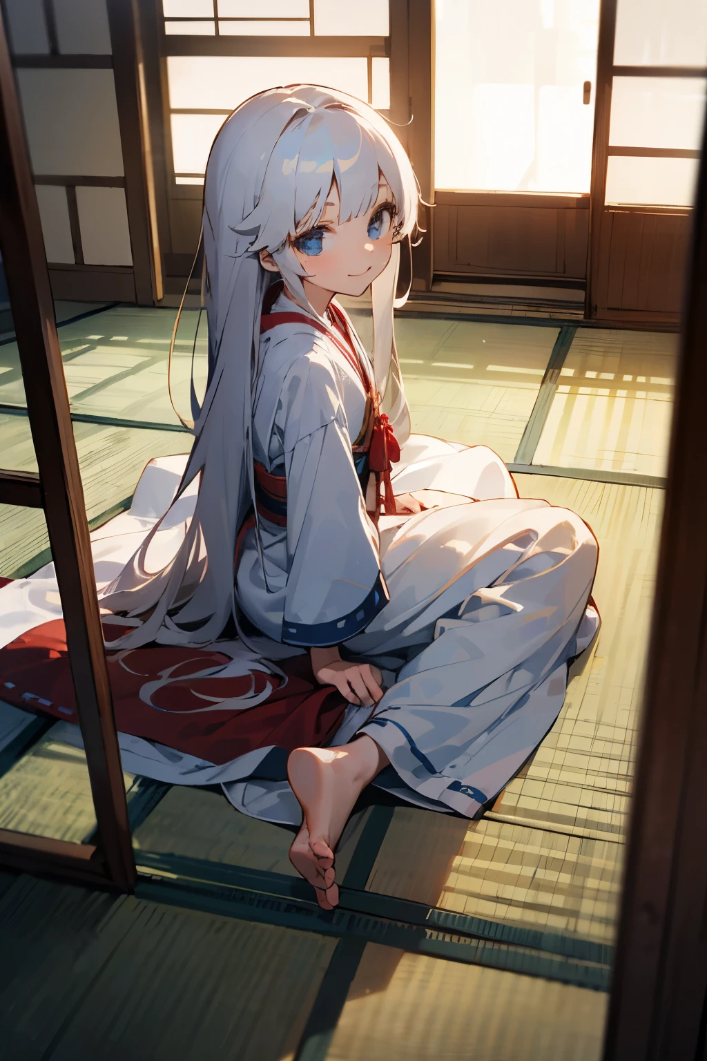 (masterpiece:1.2, best quality), closeup, 1girl, child, loli, petite, small breast, long white hair, (white fox ears), (white kimono), white panties, sitting on the edge of bed, spread legs, smile, stretching arms, yawning, (closed eyes), shy, morning, window, white walls, sunlght, bright, cold, winter,  anime minimalist, watercolor