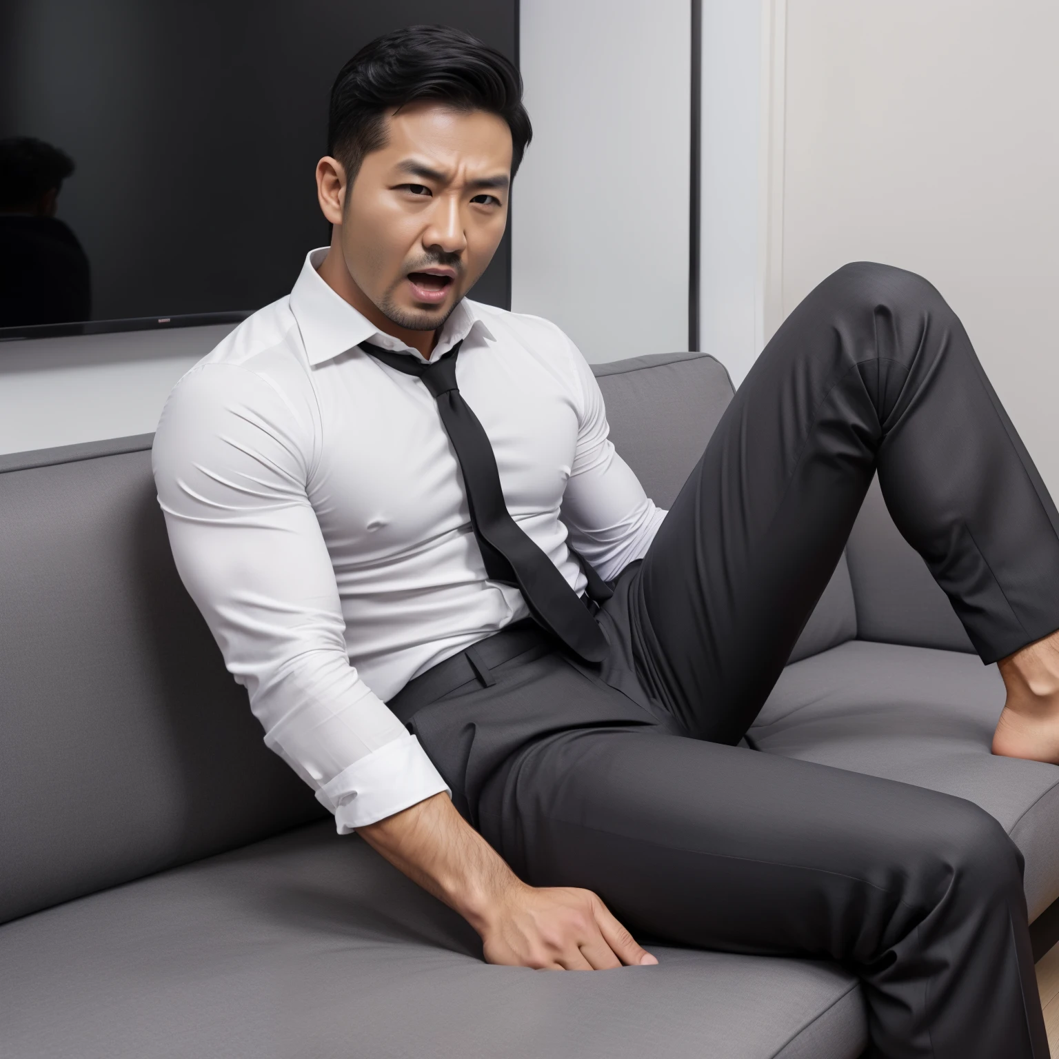40 years old,Hidetoshi Nakata,(Kogoro Mori 1.3),whole body,Lean,muscle,office,grey socks,Suit,Feet raised,sofa,Baldhead ,transparent,Thick body hair,underwear,???????,Densely hairy,Fortitude,HD,With a mustache