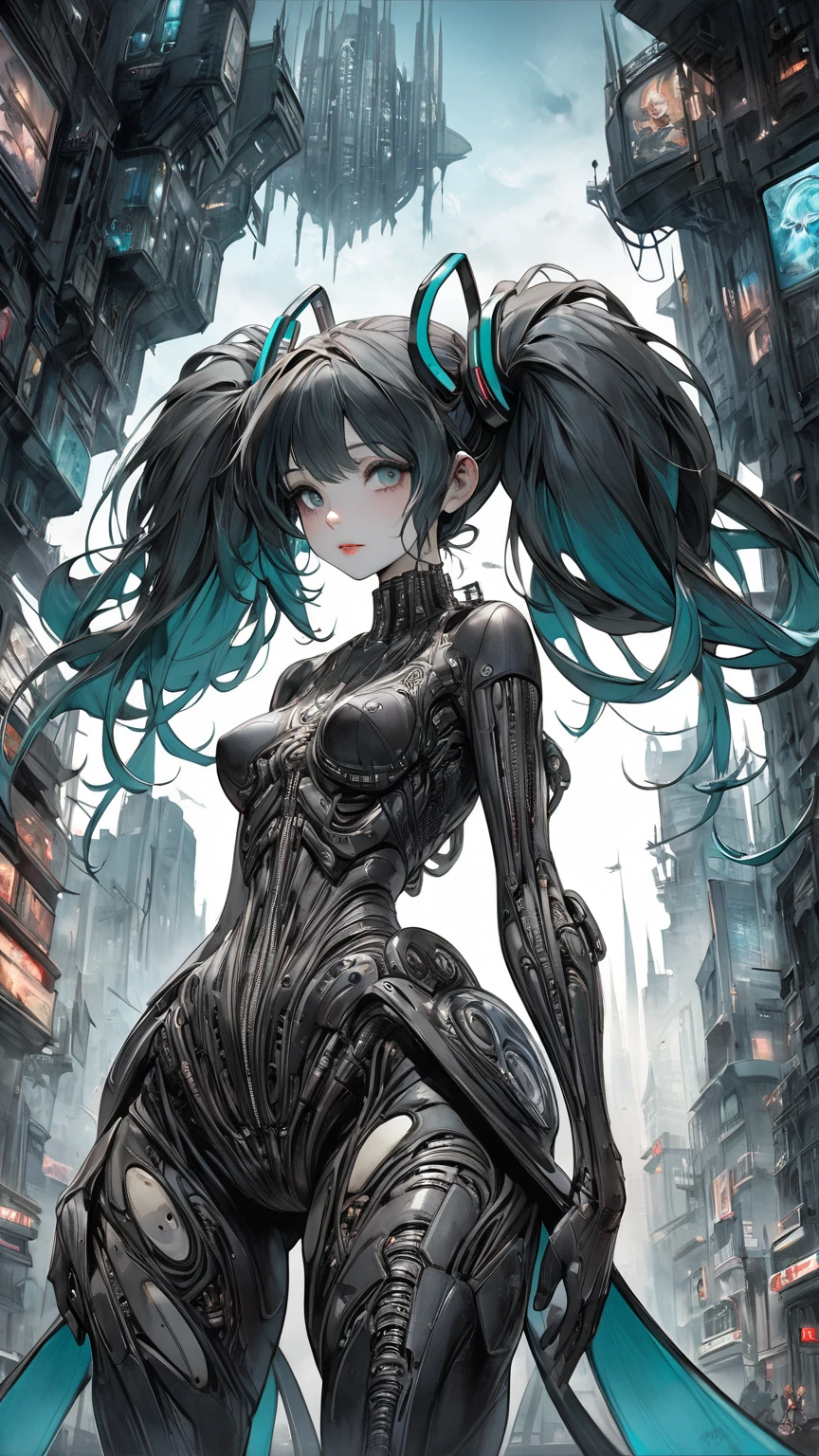 Professional fashion illustration,
by Victo Ngai, by nocopyrightgirl, by Ilya Kuvshinov, by makoto shinkai, 
Encaustic Painting, 
1girl, solo, trolls, detailed face, detailed eyes, parted lips, Twist braid, super model, fashionable, perfect anatomy, looking away, 
Pleated peplum blouse with a square neckline and flutter sleeves designed by Rebecca Louise Law and by Matti Suuronen,
full body shot, modeling pose, shocked, taken by Robert Capa,
A towering skyscraper with a flat roof and sleek, symmetrical lines. The exterior is covered in gleaming metal panels, with tall windows offering panoramic views of the city. The building is topped by a row of antennas, giving it a futuristic look., Expanding, ambient, [megastructure, concrete walls, pipes, frames, cables, deep, weird:0.3], designed by Adrian Ghenie,
break
[photorealistic:impasto:0.65],
beautiful, aesthetic, ethereal, mysterious, detailed, beautiful color, 
amazing quality, best quality, high quality,  <lora:Rella:0.5>, TNstyle, <lora:Tsutomu_Nihei_OaN_Style:0.8>, <lora:xl_more_art-full_v1:1.0>,