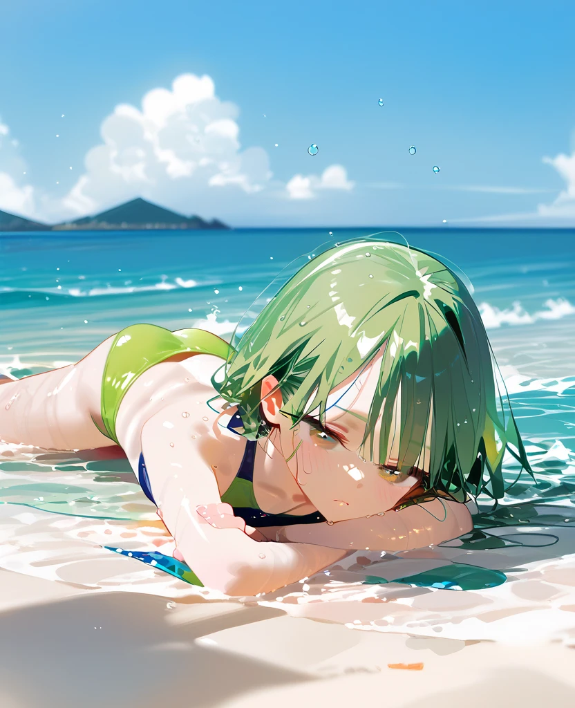  flat chest， green hair， Beach ， swimsuit，Soaked， face down 