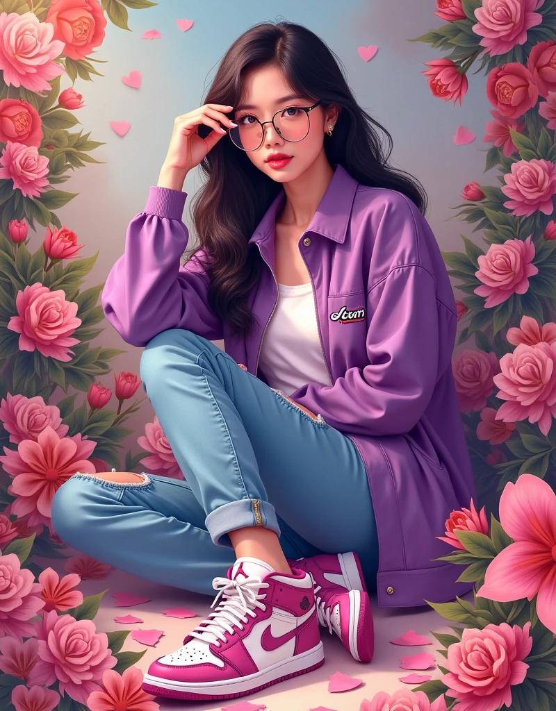 15 year old latino girl in a dark jungle, looking at a bright pink flower, brunette, short hair, pink t-shirt, orange shorts, purple backpack, sweaty, small breasts, small ass, short girl, sitting in front of treasure, holding a pink shining flower, night time, smelling at the shiny flower, smelling the flower, holding shining pink flower close to her nose, surprised