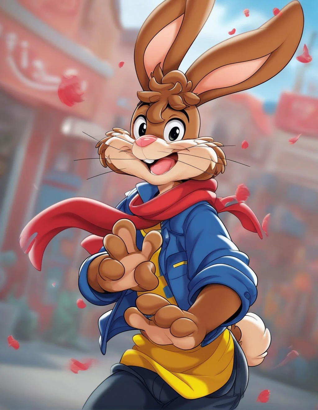 zPDXL3,quicky,4 fingers,brown fur, black pants, red neck scarf, blue striped shirt, French style, standing, young adult, cute version of quicky, cute rabbit hair, furry, rabbit, male, femboy, slim,solo,looking_at_viewer,