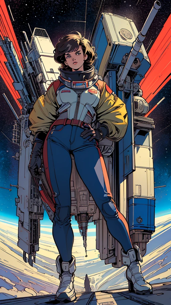 (((Top Quality Masterpiece ))),(((solo:1.2))),((( 1 woman :1.2))), 32K Highly Detailed Wallpaper , Retro Vintage Style ,(dynamic Angles),(((Overwhelming highlights))),((most complex machine)), American comics with a very flashy color scheme,80s space thriller movie poster ,70s movie poster,Detailed space station