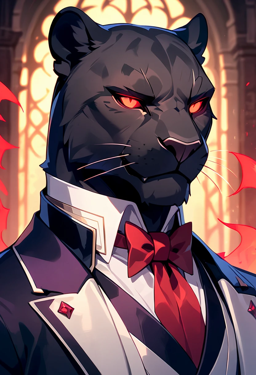 handsome anthropomorphic black panther with red glowing eyes wearing a black suit with a bowtie, elegant, medieval fantasy vibes, light novel art, black pelt, detailed furry art, cool, sexy, masculine, black colored butler suit, evil smirk, arrogant, evil, demonic servant, superiority complex, evil smile, half-lidded gaze, lean and toned, portrait, sexy masculinity, young male panther. villain, detailed anime style, detailed red glowing devil eyes, confident pose