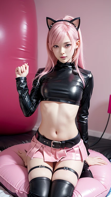  teenager with pink hair, slim model, Leather top pink ,  pleats Leather skirt pink,  leather arm warmer ,  knee-high leather boots, Cat ears, bouncy castle  ,  realistic ,  femdom ,dominatrix,  mistress, sex, fuck , slave, sex toy