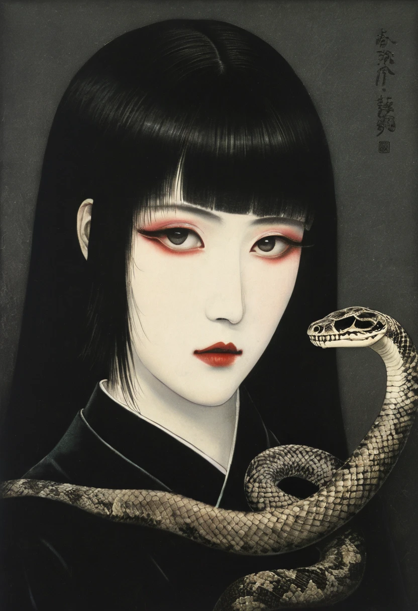 top quality ,8k, score_9, score_8_ up, score_7_ up, Source,Japanese art, Classical art, Ukiyo-e,lost paradise, grief, somber,vintage dusty vibe, like the movie 品質, break ,alone,sadness,fullbody,Sensual illustration of an elegant woman,closed eyes, Enma Ai, butterfly,bug,blunt bangs,gem, red eyes,latex Seifuku,Seifuku,japanese school girl,Himecut,bangs,black hair,very long hair,black eye,Detailed woman, ((white skin)), Clear Eyes , black eyeshadow, ( has long eyelashes:1.5), Well defined lips, black lipstick ,(((hold a skull and snake))), dark, melancholic , and Gloomy Vibes , like the movie , atmosphere, introspective , Emotional, James Gurney, Surrealist Art , dreamy, mysterious in another dimension, Provocative, symbolic, ( gothic but very beautiful:1.4), (masterpiece, top quality :1.4) ,((( Nicola Samori style ))), Chloe, Woman with lots of flowers blooming from her chest,hrg1g3r4rhp