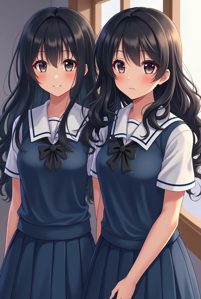 the book with realistic picture of two beautiful japanese girl in school uniform the first girl have long back hair with bang and the other girl have curly black hair
