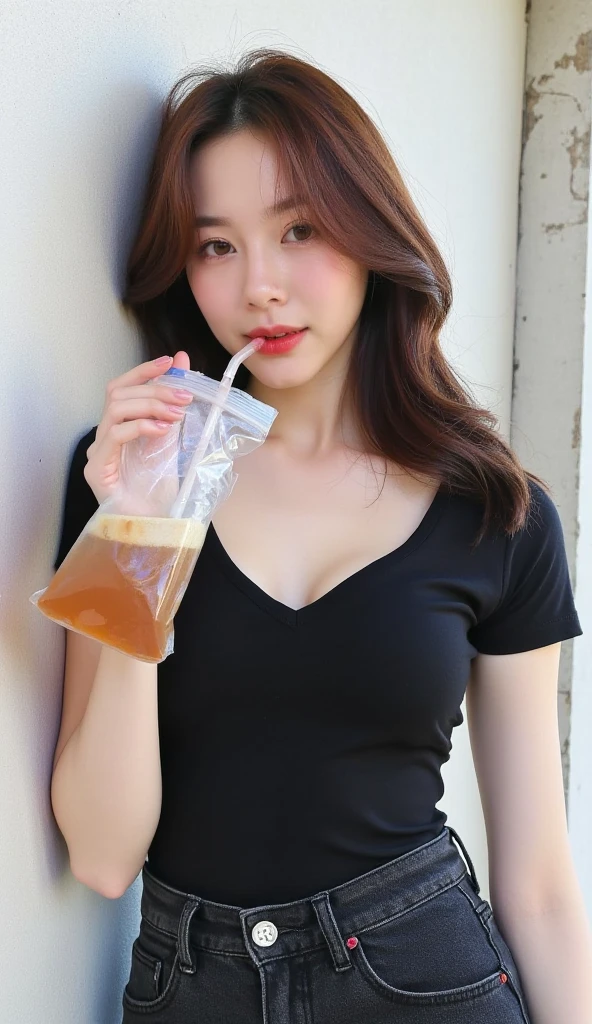 A young woman in her late teens or early twenties, with shoulder-length brown hair, is leaning against a weathered white wall. She is of East Asian descent and has light skin. She wears a fitted black short-sleeved V-neck shirt and dark jeans. Her pose is full of happiness and fun. She is drinking water from a plastic bag with a rubber band tied to it, which contains a brown drink through a straw. She holds the bag and the straw in her hand. The wall behind her has a rough texture, with visible cracks and a slightly rough surface. The light is natural and soft, with no harsh shadows. The ambient light is diffused, making the textures of the objects and the wall stand out. The overall style is natural, and the mood is cheerful and relaxed, which is typical for casual street style photography. This photo is taken from a slightly low angle, with the focus on the subject. The color tones are mostly neutral and earthy, with a clear contrast between the drink in the bag and the subject’s clothing. The bag and surrounding elements have a soft and delicate texture. This photo gives off a relaxed and friendly feeling.