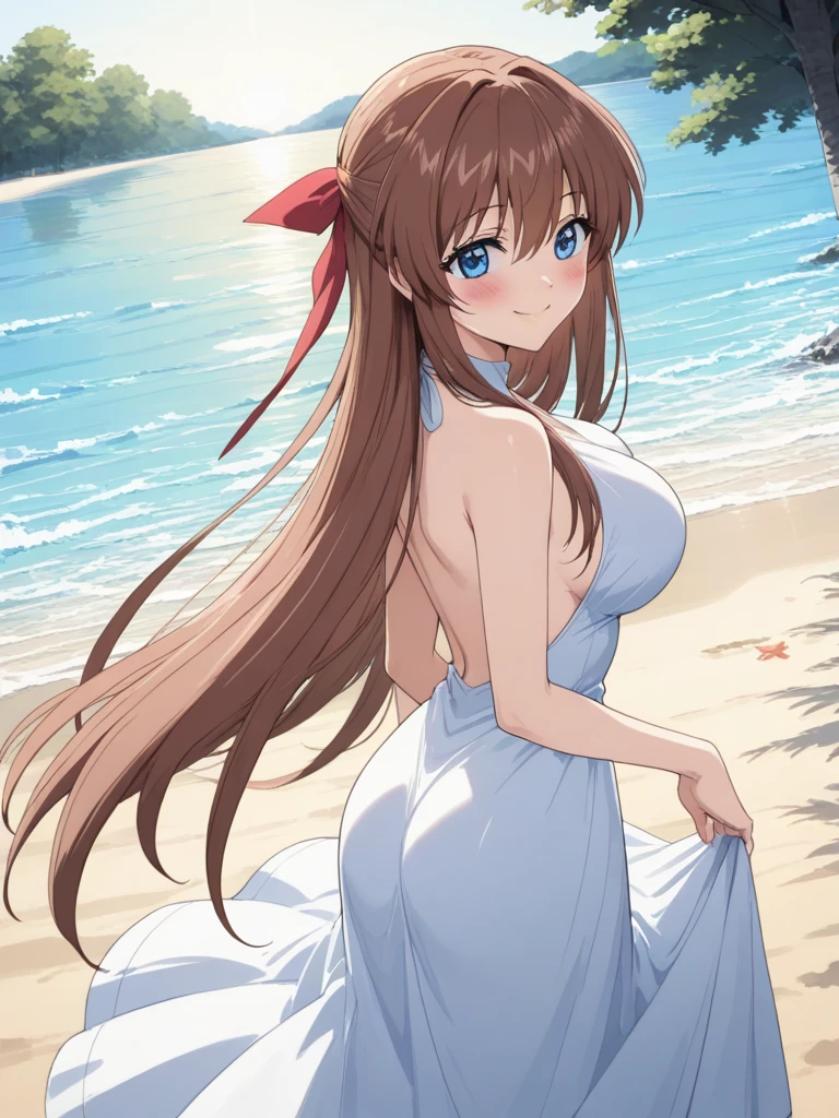 masterpiece, best quality, KanzakiAoi, 1girl, solo, long hair, brown hair, blue eyes, large breasts, hair ribbon, smile, happy, blush, Backless Dress, white dress, A beach bathed in sunlight filtering through the trees, cinematic angle,