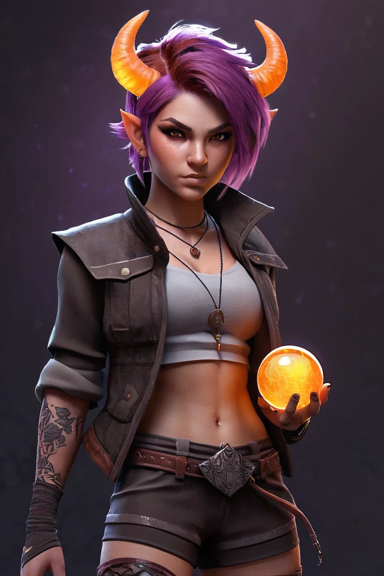 Female demon (age:1.1, ethnicity:1.2), (detailed clothing:1.2), (accessories:1.1), (detailed skin texture:1.2), (facial features:1.3), (expression:1.2), (body type:1.1), (pose:1.2),  reddish skin tone,  with purple hair,  small horns on her head,  dark brown eyes,  a slight smile,  holding a glowing orange orb, in the middle of the image,  center-focused perspective.  She wears a brown, short vest-like jacket, brown shorts, and dark leggings.  She has claws on her hands, a tail, and her body is presented with a significant level of detail,  with visible muscles. (detailed tattoos:1.1).  Simple character design,  dark gray background,  flat colors,  video game sprite style,  video game art,  pixel art,  dark fantasy style,  low-poly style.