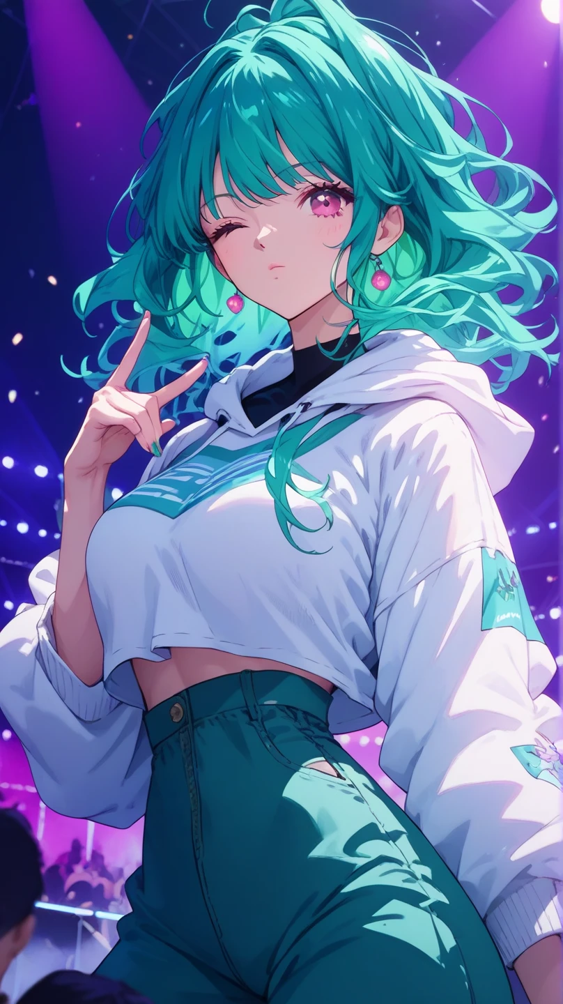 a mature woman with long wavy dark teal green hair, pink eyes, white hoodie crop top kpop outfit, stage, wink, concert, colorful lighting, blow air kiss, finger gun