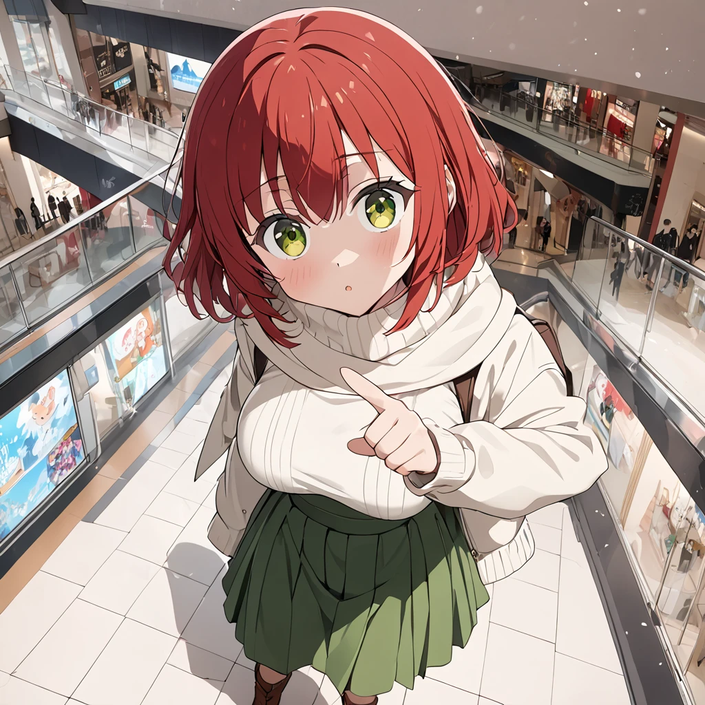 Image quality (8k, highest quality, masterpiece, video), solo, girl (Ikuyo a, Bocchizarokku, cute, red hair, medium hair, green eyes, big eyes, cloth texture), winter clothes, white down, long skirt, brown short boots Tsu, (pointing at something in front of his chest) Looking towards me, Curiosity, Sparkle in his eyes, (White breath), Big breasts, High school student, Background (You can see the shopping mall of the future), Long shot, wide shot, charm angle,