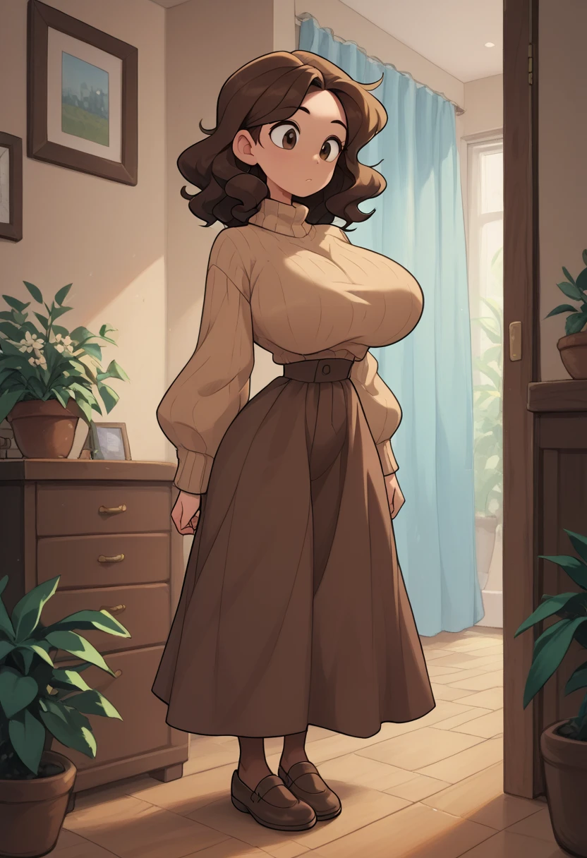 Solo, Young woman, medium length hair, brown hair, wavy hair, huge breasts, wide hips, (thin skinny waist) light brown sweater, dark brown skirt, loose sweater, long skirt, brown pantyhose, brown shoes, indoors