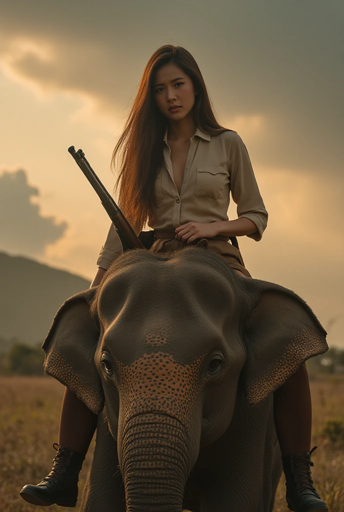 a beautiful tall slender 26 year old thai actress with long dark hair, wearing an elegant english-style safari outfit, holding a rifle, riding on a large wild elephant in a cinematic action movie poster scene, dramatic lighting, photorealistic, highly detailed, vibrant colors, masterpiece