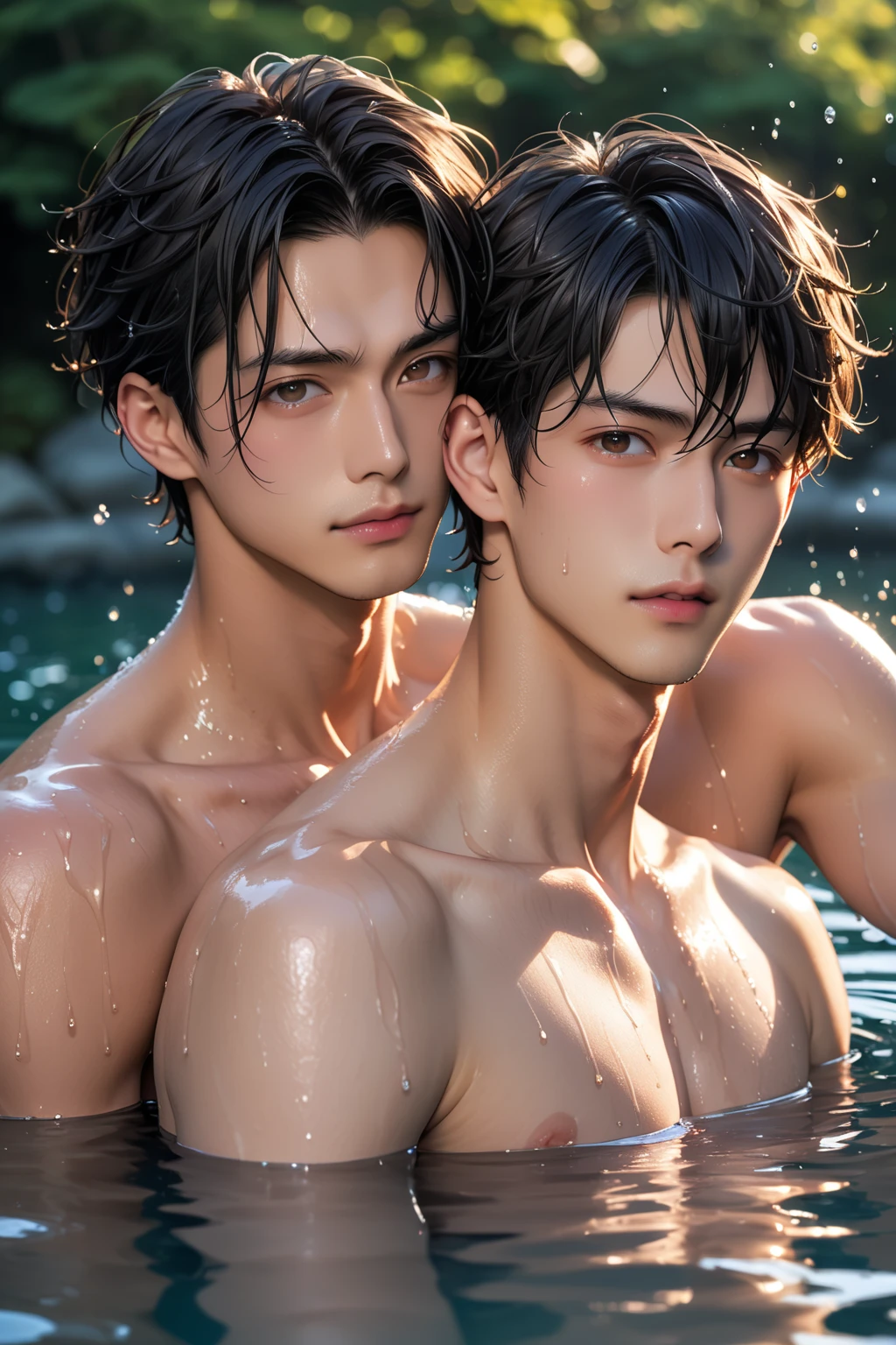 Two spanish boys swimming in short swimwears,masculines males, naked torso, with water drops, lake,Raised sexy, hot slim bodys, one black hair, other blonde hair, hd, realistic