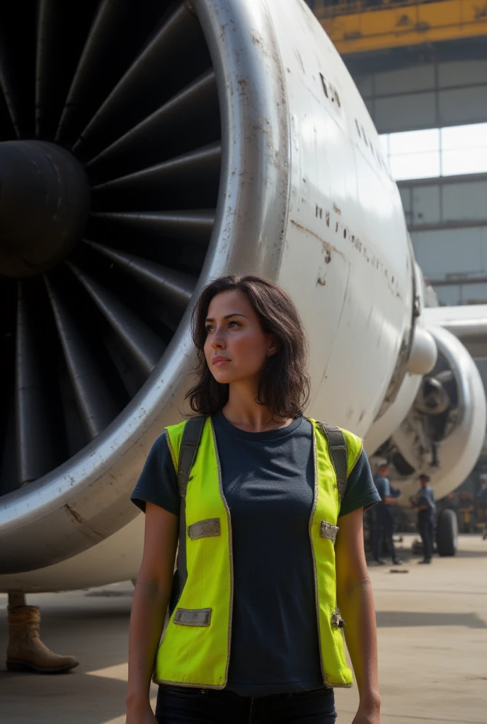 A hyper-realistic scene captures a young woman standing next to a colossal airplane engine in an industrial hangar bathed in soft, natural light. The engine, with its perfectly polished metallic surface and meticulously detailed fan blades, dominates the frame, its immense scale emphasized by subtle reflections of the surrounding environment. The hangar is bustling with activity in the blurred background, with faint silhouettes of technicians and tools, adding life and authenticity to the setting.

The woman stands slightly off-center to the engine, leaning one hand casually against its edge as if in the middle of a thoughtful pause during her work. Her other hand rests in the pocket of her dark blue cargo pants, adding to the informal and relaxed vibe. Her neon yellow safety vest, with slight creases and scuff marks, suggests it’s been worn during a long day on the job. The vest contrasts vividly against her dark blue t-shirt, which fits comfortably and shows subtle wrinkles from movement.

Her black hair, slightly tousled by a soft breeze from the hangar's ventilation system, falls naturally around her shoulders. She wears simple, practical work boots, slightly dusty, grounding her firmly in the industrial setting. Her expression is calm and reflective, with a faint, relaxed smile that suggests quiet confidence. The warm sunlight streaming through the high windows glances off her face, adding a soft glow to her complexion while casting faint shadows on the hangar floor.

The entire scene is framed to convey both the overwhelming scale of the engine and the human connection to the machinery. Every detail—from the faint hum of activity in the background to the realistic textures of her clothing and the subtle signs of wear in the industrial setting—combines to create an authentic, lifelike composition.