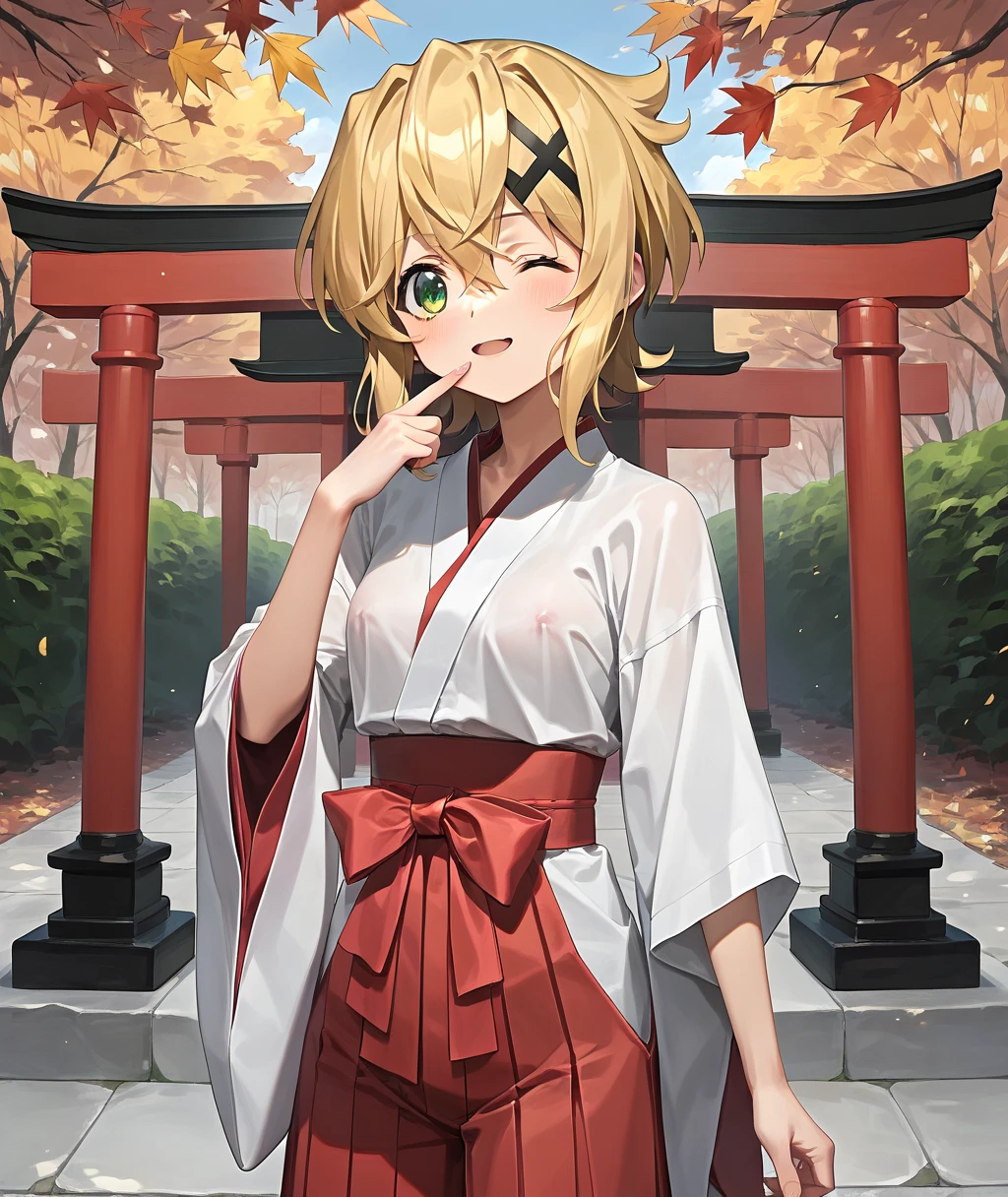 akatsuki_fever_senkizesshousymphogear，Blonde_hair, short_hair, green_eyes, shiny_hair, hair_ ornament , shiny, x_hair_ ornament , , hair_between_eyes,  jyojifuku, miko,red hakama,wink,torii,shrine,autumn,nipple,1finger to mouth, flip through clothes