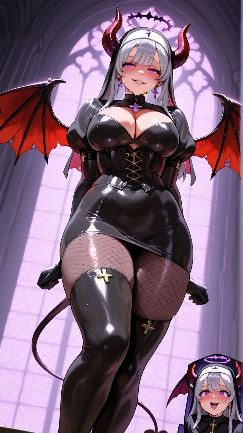 1girl\(mature woman,(Devil horn,Devil Wing:1.3), devil and nun fusion, evil, long hair, silver hair, side lock, blunt buns, princess cut, Nun outfit and bodysuit fusion, attractive proportion, perfect proportions, ideally body proportions, charming proportions, Tight Woman, curvy body, seductive smile, beautifully detailed black latex nun bodysuit, Cross, cleavage, knitted corset, EXTRA SHINY FABRIC ,Very wrinkled fabric, Puffy sleeves, Elbow gloves, gem, shiny skin, Reflective fabric, earrings, Sacred Robe with Cross, (pantyhose:1.2), Tight mini straight skirt, Very shiny wrinkled clothes, Very beautifully detailed face,focus on face, (evil smile, sadistic, erotic) ,(Seductive eyes:1.3), (purple eyes), (face\(provocative,Enchanted,Charmed, excited, naughty\):1.2),blush, crazy, bodystocking, fishnet tights, high heels, thigh high boots, forward leaning position, (cleavage:1.3), pink cleavage, Sexy cutout, (detailed pupil:1.4), evil halo, dynamic pose\).background\( inside church, stained glass, Super beautiful detailed background,sweat,hot,pink mood\). (from below:1.5), dutch angle,dynamic angle