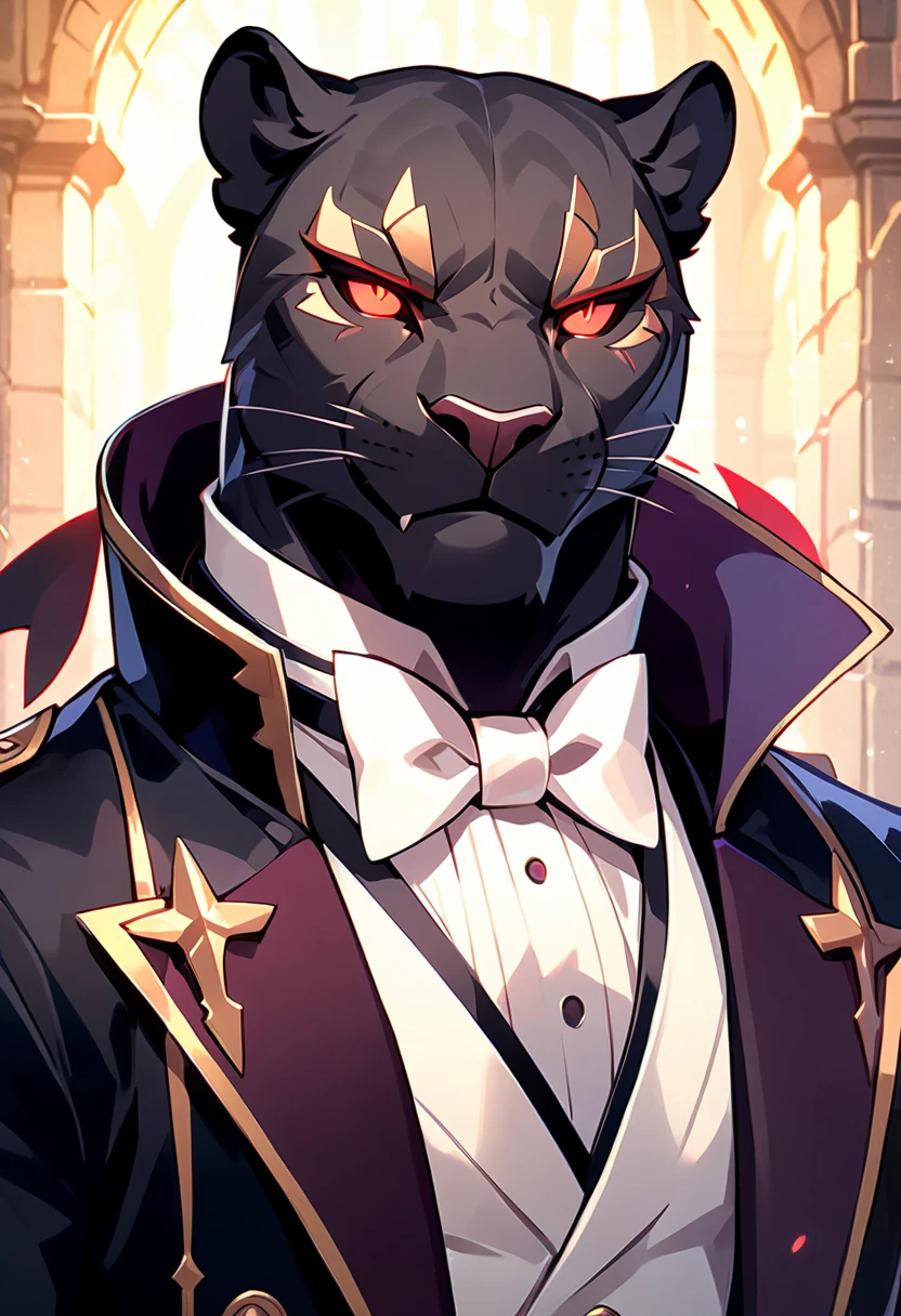 handsome anthropomorphic black panther with red glowing eyes wearing a black suit with a bowtie, elegant, medieval fantasy vibes, light novel art, black pelt, detailed furry art, cool, sexy, masculine, black colored butler suit, evil smirk, arrogant, evil, demon panther lord, superiority complex, evil smile, half-lidded gaze, lean and toned, portrait, sexy masculinity, young male panther. villain, detailed anime style, detailed red glowing devil eyes, confident pose