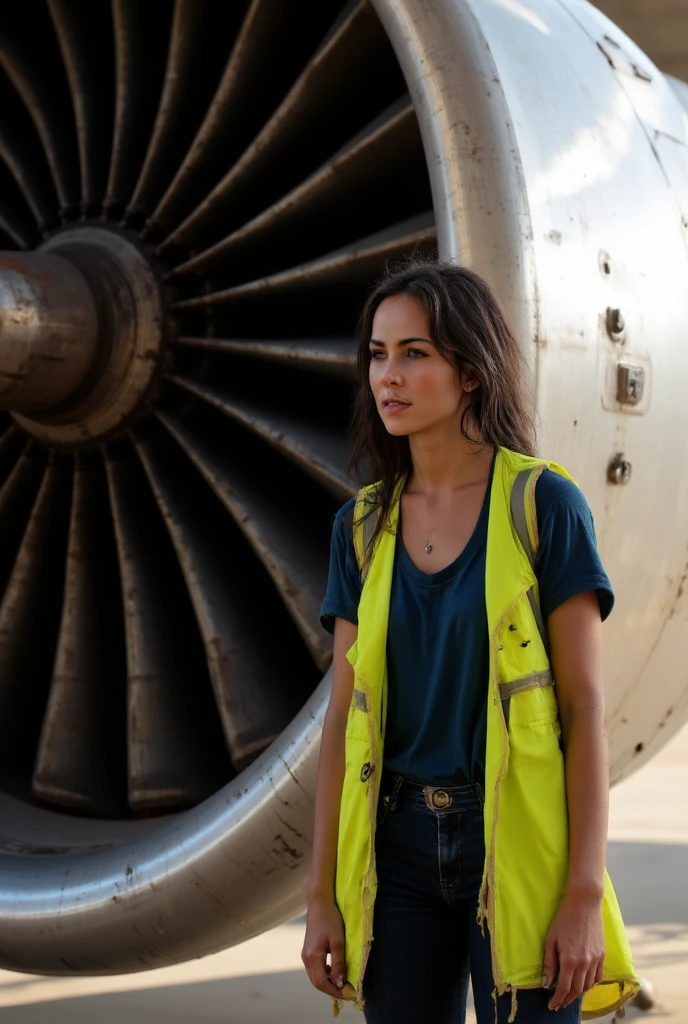 A hyper-realistic scene captures a young woman standing next to a colossal airplane engine in an industrial hangar bathed in soft, natural light. The engine, with its perfectly polished metallic surface and meticulously detailed fan blades, dominates the frame, its immense scale emphasized by subtle reflections of the surrounding environment. The hangar is bustling with activity in the blurred background, with faint silhouettes of technicians and tools, adding life and authenticity to the setting.

The woman stands slightly off-center to the engine, leaning one hand casually against its edge as if in the middle of a thoughtful pause during her work. Her other hand rests in the pocket of her dark blue cargo pants, adding to the informal and relaxed vibe. Her neon yellow safety vest, with slight creases and scuff marks, suggests it’s been worn during a long day on the job. The vest contrasts vividly against her dark blue t-shirt, which fits comfortably and shows subtle wrinkles from movement.

Her black hair, slightly tousled by a soft breeze from the hangar's ventilation system, falls naturally around her shoulders. She wears simple, practical work boots, slightly dusty, grounding her firmly in the industrial setting. Her expression is calm and reflective, with a faint, relaxed smile that suggests quiet confidence. The warm sunlight streaming through the high windows glances off her face, adding a soft glow to her complexion while casting faint shadows on the hangar floor.

The entire scene is framed to convey both the overwhelming scale of the engine and the human connection to the machinery. Every detail—from the faint hum of activity in the background to the realistic textures of her clothing and the subtle signs of wear in the industrial setting—combines to create an authentic, lifelike composition.