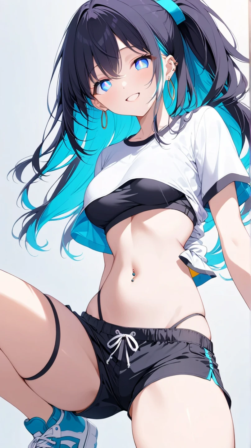 1girl, solo, breasts, embarrassed,blush,from below,cowboy shot,sweat,bangs,dolphin shorts, smile,white background, looking at viewer, <lora:kuromiya-000008:0.8>