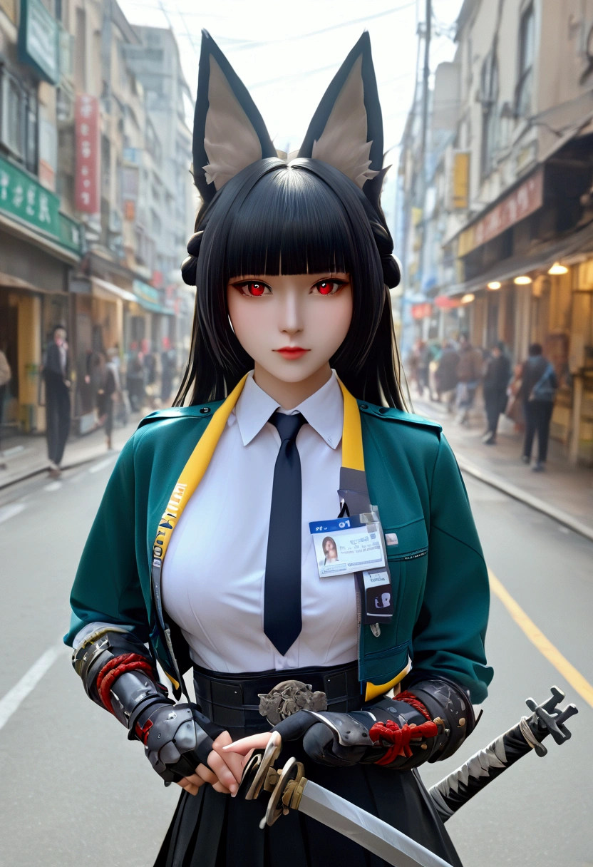 bmasterpiece、top-quality、hight resolution)、 Real life adaption for this character, Masterpiece, high quality, best lighting, cinematic, 1girl, Hoshimi Miyabi, black hair, red eyes, fox ears, Blunt bangs, braid, fox ears, green jacket, jacket on shoulders, fingerless gloves, gauntlets, white shirt, black necktie, id card, black skirt, Haigh wist skirt, Her hand holds a katana sword, (perfect body), looking at viewer, standing, outdoors, street 