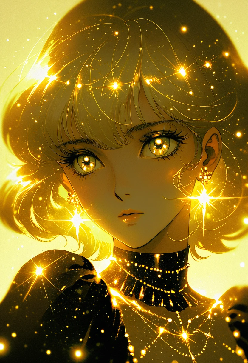 1980s anime style, gold theme, shiny, gold light cascade down, glow particles, 1girl, solo, gold hair, portrait, gothic dress, look at me,