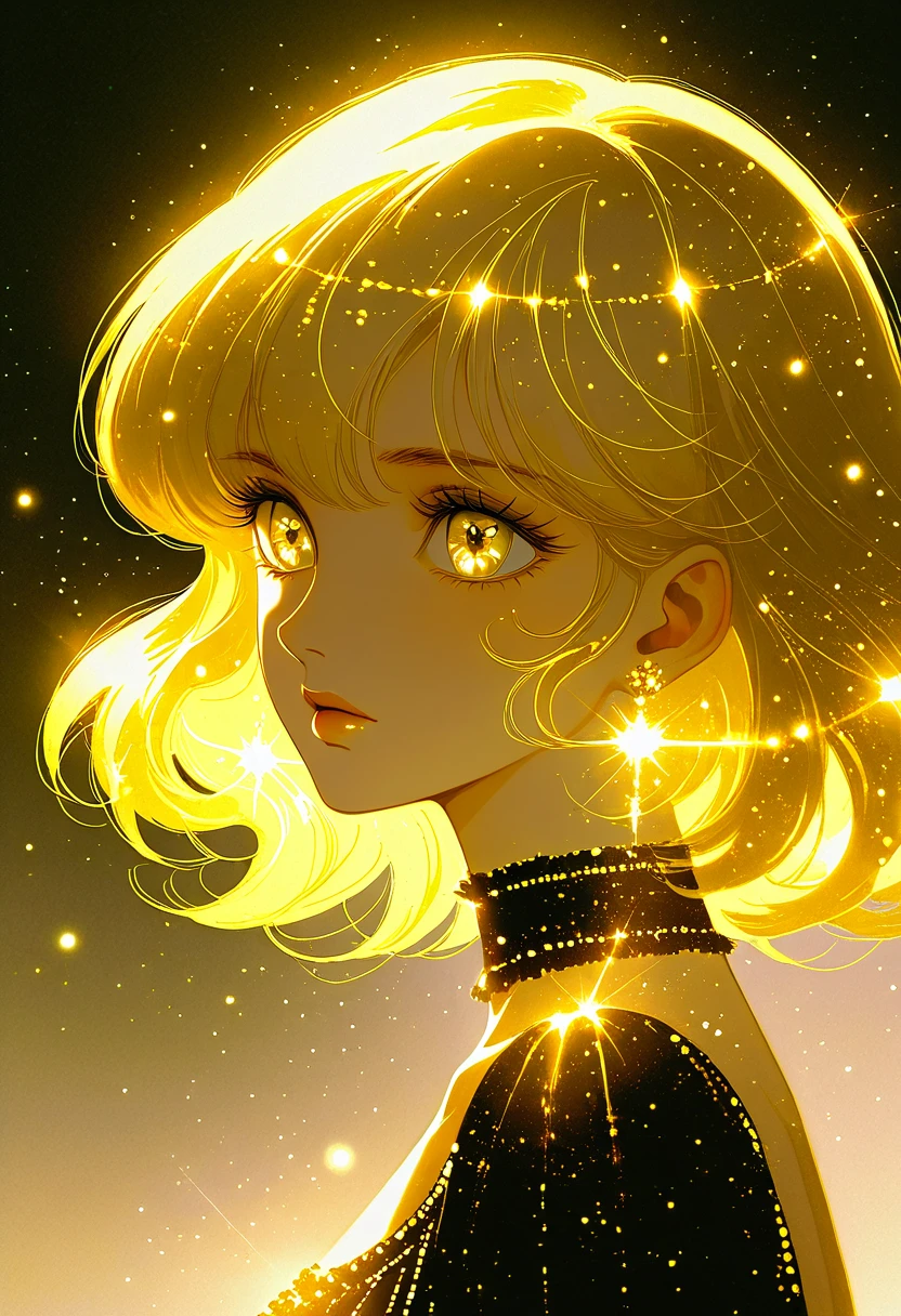 1980s anime style, gold theme, shiny, gold light cascade down, glow particles, 1girl, solo, gold hair, from behind, Backless Dress, gothic dress, high heels, look back at me,  masterpiece:1.2, fantasy style illustration, hand drawn outline, watercolor anime, ultra detailed drawing, romantic castle background, wide shot:1.2,