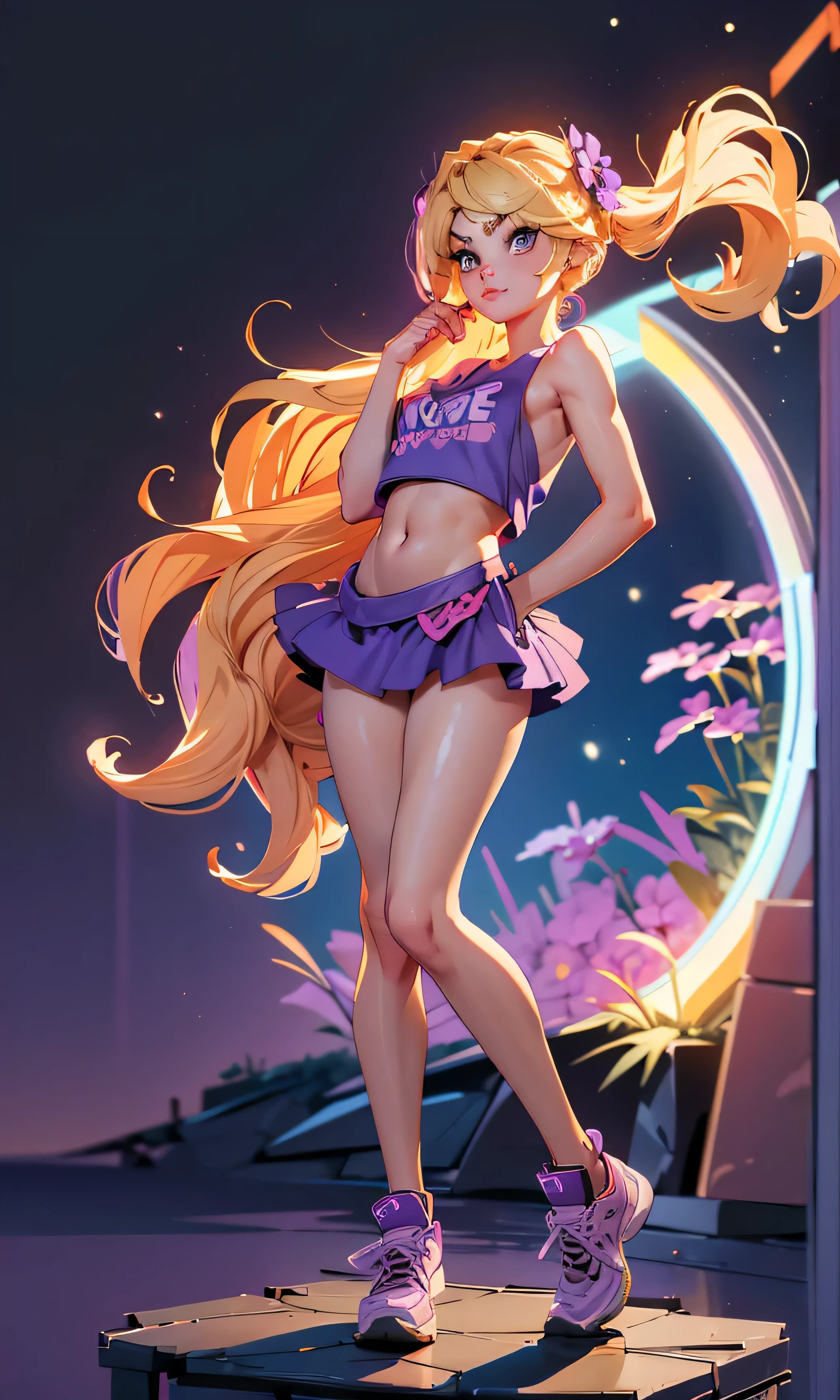 Masterpiece, high detail, 1 girl, Riley Steele, babe, beautiful, slim and tall, front view, looking at viewer, long hair, blonde hair, brown eyes, arched eyebrows, full body, nice legs, flat stomach, Kpop outfit, purple tutu, purple top, sports shoes, (((naked))), in a flower cemetery, dark sky,