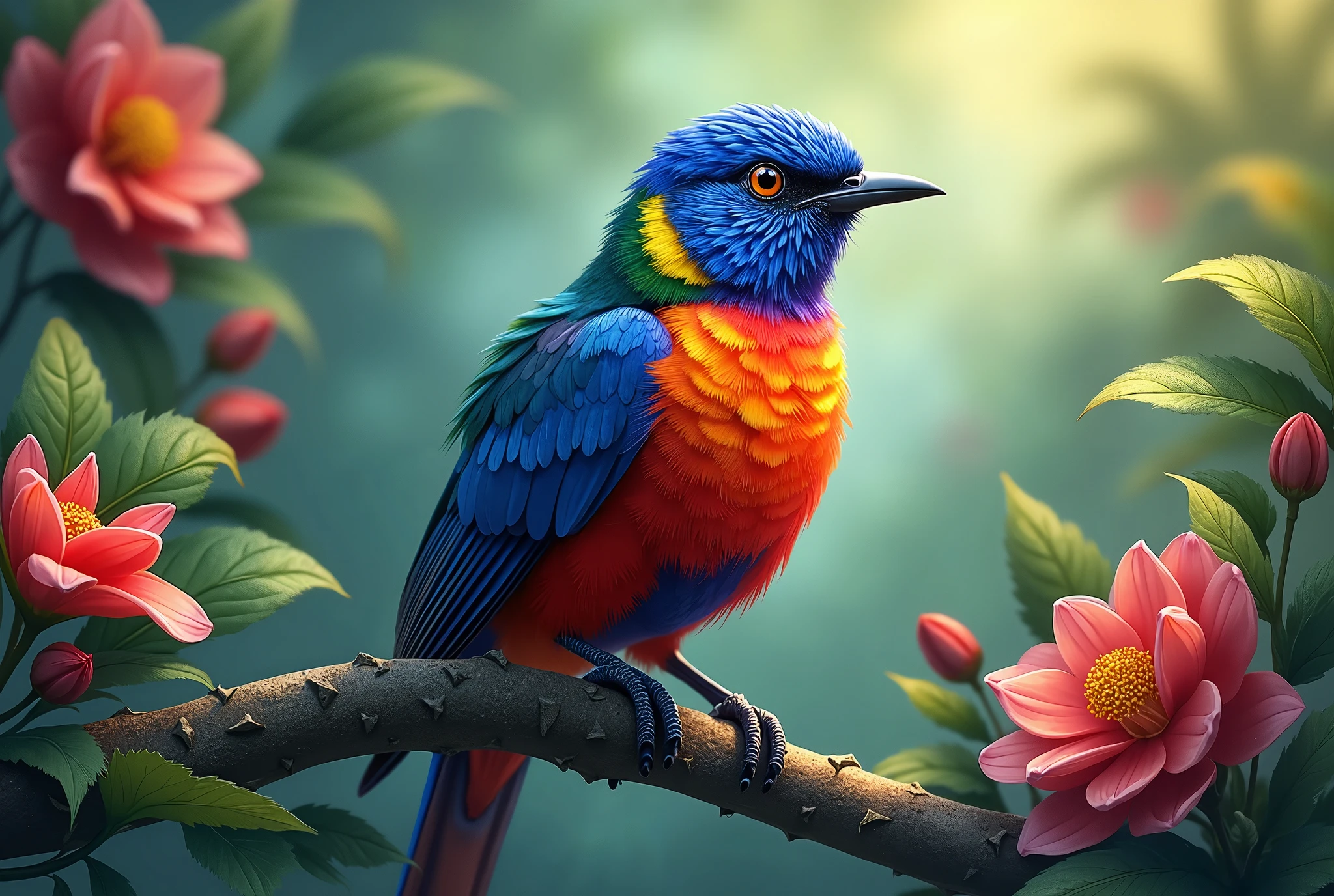 Brightly colored bird sitting on a branch with flowers in the ...