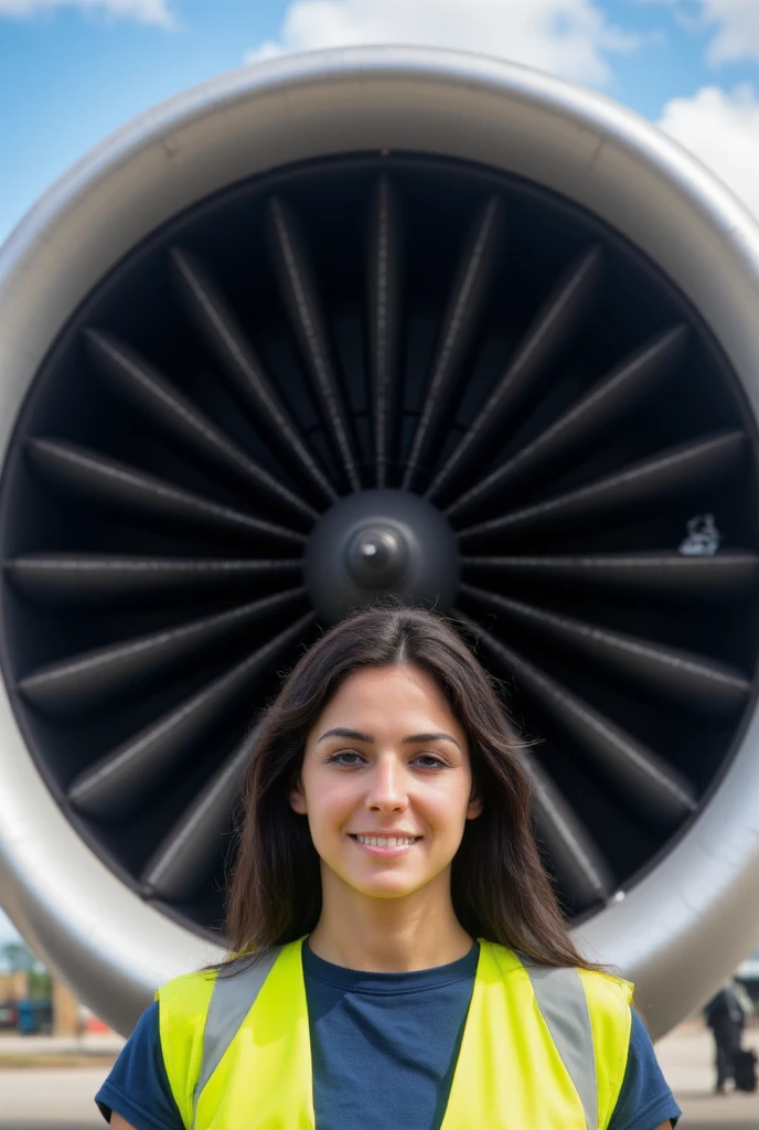 A hyper-realistic scene captures a young woman standing confidently in front of a massive airplane engine outdoors, with a clear blue sky and scattered clouds providing a vibrant backdrop. The engine, with its polished metallic surface and intricately detailed fan blades, gleams under natural sunlight, emphasizing its immense scale and precision engineering.

The woman stands directly in front of the engine, centered in the composition, her body facing the camera while her head slightly tilts to follow its lens. Her neon yellow safety vest, spotless and neatly worn, contrasts vividly against her dark blue t-shirt, which is clean and perfectly fitted. Her black hair flows naturally behind her, lifted by a gentle breeze, adding a sense of motion and liveliness to the scene.

Her posture is relaxed yet confident, with both arms resting naturally by her sides. Her expression is calm and self-assured, featuring a subtle smile as she gazes directly into the camera, exuding professionalism and approachability. The pristine, reflective surface of the engine subtly mirrors parts of her silhouette, seamlessly blending her presence with the mechanical marvel behind her.

The lighting is warm and even, casting a soft glow across her features while subtly highlighting the details of the engine. The foreground and background remain in perfect focus, capturing both the intricate design of the machinery and the expansive outdoor setting. Every element—from the woman's neat appearance and composed demeanor to the polished finish of the engine—creates a visually harmonious and highly realistic composition.