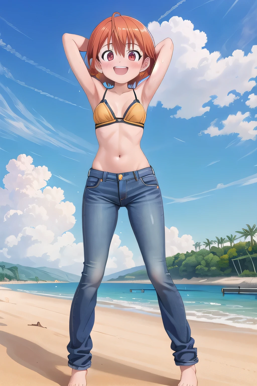 masterpiece,best quality,ultra detail,1girl, 14yo, petite, ((round face, ecstasy, orgasm face, drooping eyes, shame smiling, blush)), dropping eyes, sleepy, background((under the beach, (day:1.2), under sand beach, bright sky)), takenouchi_sora, short hair, orange hair, red eyes, arms behind head, contrapposto, spread armpits, looking at viewer,, Yellow bikini bra, (jeans pants:1.2, flares jeans:1.2, skinny jeans:1.2, blue jeans:1.2), standing, (legs spread:3:1), dynamic pose, Sweaty crotch, Steam from the crotch, Nice view, full body, barefeet