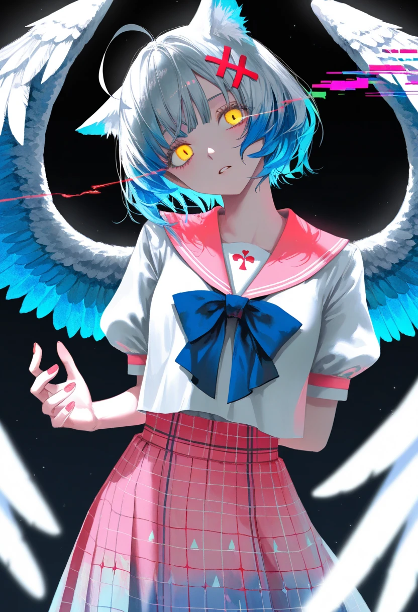 [artist: wlop],artist: hitenkei,good work,(best quality),illustration,depth of field,(color),masterpiece,best quality, 1girl,solo,looking at viewer,blush,short hair,bangs,skirt,shirt,hair ornament,white background,bow,animal ears,blue hair,standing,yellow eyes,white shirt,ahoge,short sleeves,heart,multicolored hair,cowboy shot,frills,parted lips,wings,puffy sleeves,virtual youtuber,cat ears,hand up,bowtie,sailor collar,nail polish,puffy short sleeves,streaked hair,animal ear fluff,head tilt,plaid,bell,blue bow,x hair ornament,feathered wings,pink skirt,arm behind back,kemonomimi mode,pink sailor collar, (dark),(sideways),((glowing)),glitch,horror \(theme\),vibrant,black background,colorful,abstract,bioluminescence,double exposure,distortion,holographic clothing,bloom,backlighting,sidelighting, rella,wanke,konya karasue,yadu nadu,menma \(enaic31\),(quasarcake:0.8),john kafka,(otonoha aika),konya karasue,eye trail,
