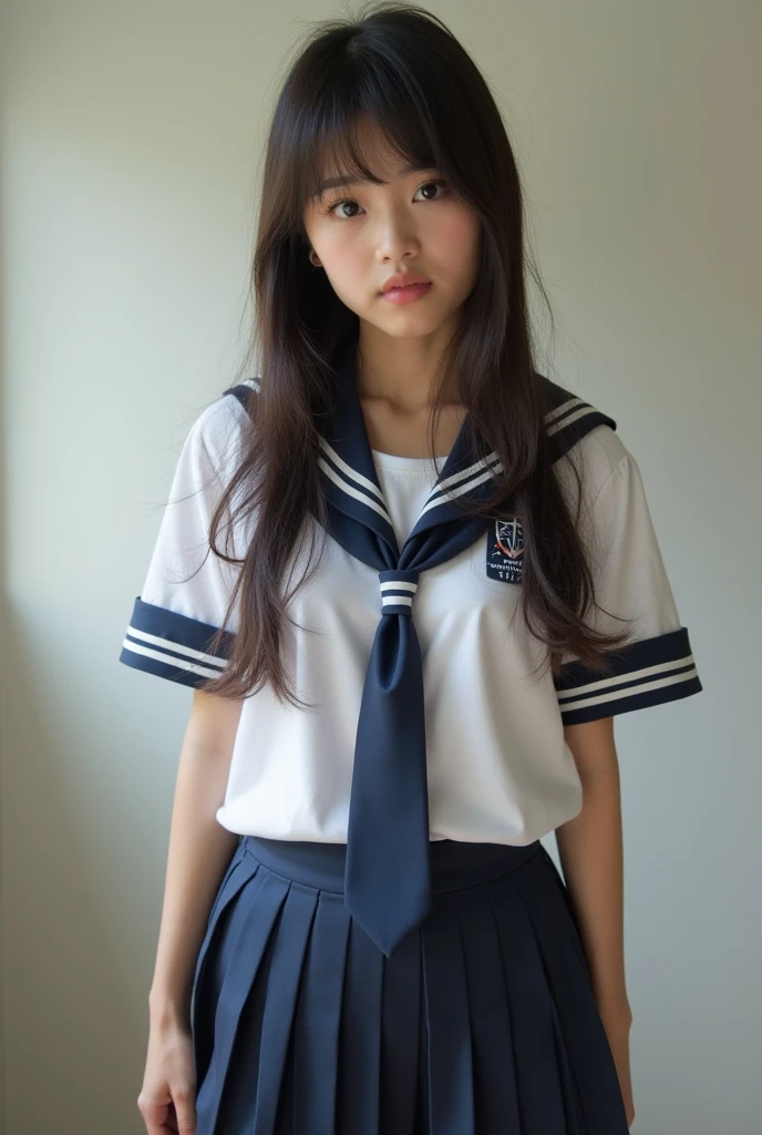 One incredibly cute girl,Super cute 16 year old girl、White skin、(Wearing a sailor uniform)、 Professional Lighting、simple white back ground,Upper Body,close,smile,, (8k, RAW Photos, highest quality, masterpiece:1.2),(Realistic, photo-Realistic:1.37),Pull up your skirt、Panties are visible、Bun hairstyle