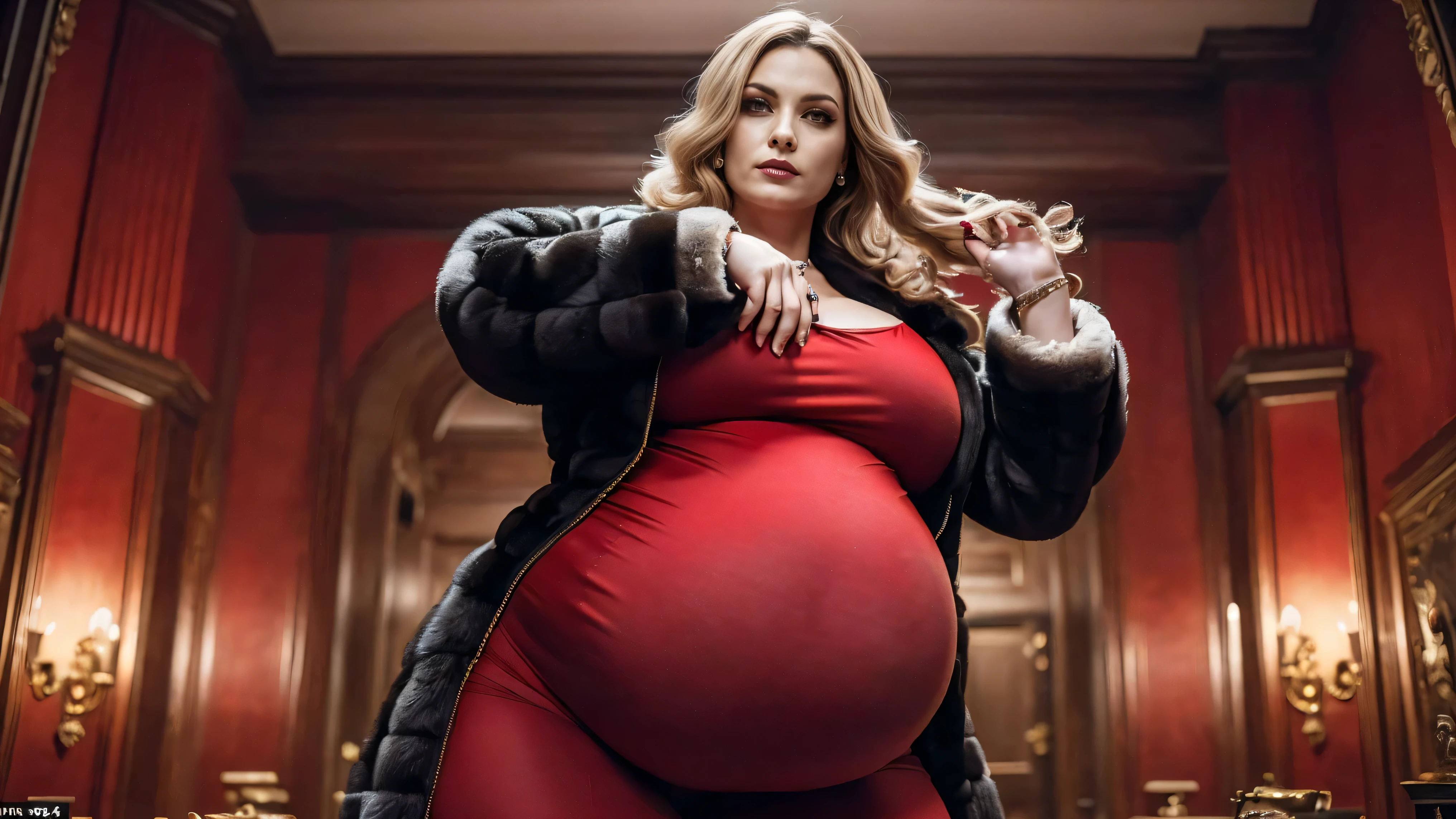 Alicia Dmitrescu   , Pregnant women, Pregnant women, Pregnant women, Pregnant women, 55 year old mature pregnant women, (masterpiece,  High Quality  ,16k:1.1),(  deep depiction  :1.3) ,((  front body:1.35)), 55 year old mature woman,  Saggy Oversized Big Breasts :(Size:2.5, The state of sagging:1.7) , Queen's temperament , Blonde(color:3.0,  Up Hair:3.0,  long hair:1.9,  wave hair:1.9) , Curvy, (  full body shot :1.2),(Fur coats and accessories in black:1.4),CurvyModel ,  Super Plump Body  , Functional body, Plus size women  ,  Curvy Hourglass Body ,  55 year old mature women, 55 year old mature pregnant women, very sexy fur coat(red:1.5, Exposure:1.9),Alicia Dmitrescu   ,  wide hips:1.8,very sexy fur coat