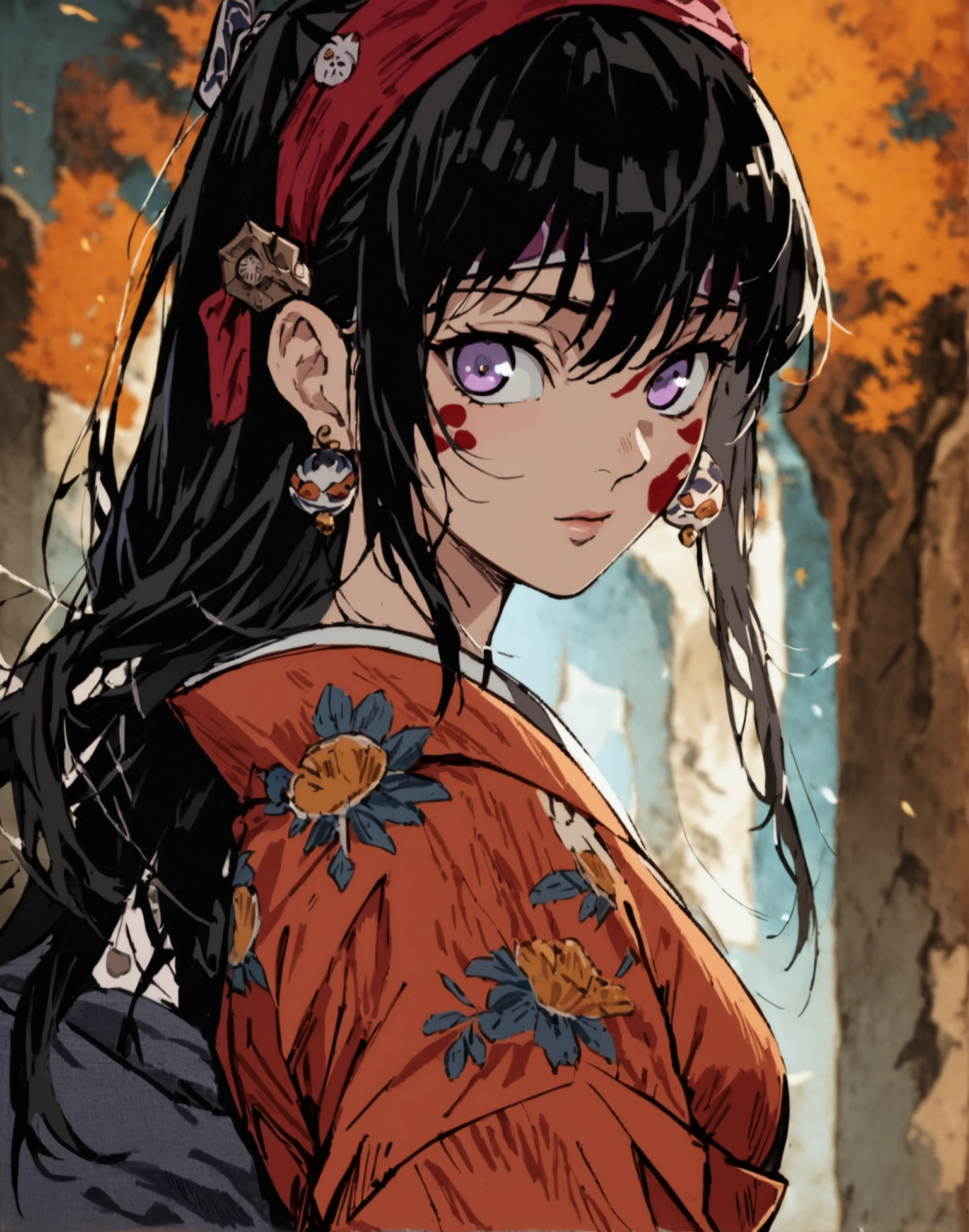  a girl, Alone,  High resolution,  long hair, breasts,  Looking at the viewer,  black hair, Ojos rojos, Cabello entre ojos,  Very long hair,  violet eyes costume,  Headband ,  Hanafuda earrings ,  From the Side , Vistas múltiples,  depth of field ,  from above,  From below,  Lines of movement,  masterpiece,  Precise, Pintura de acción,  The best quality ,  battōujutsu , kimono, Shinobi, ninja boots Ukiyo-e, 