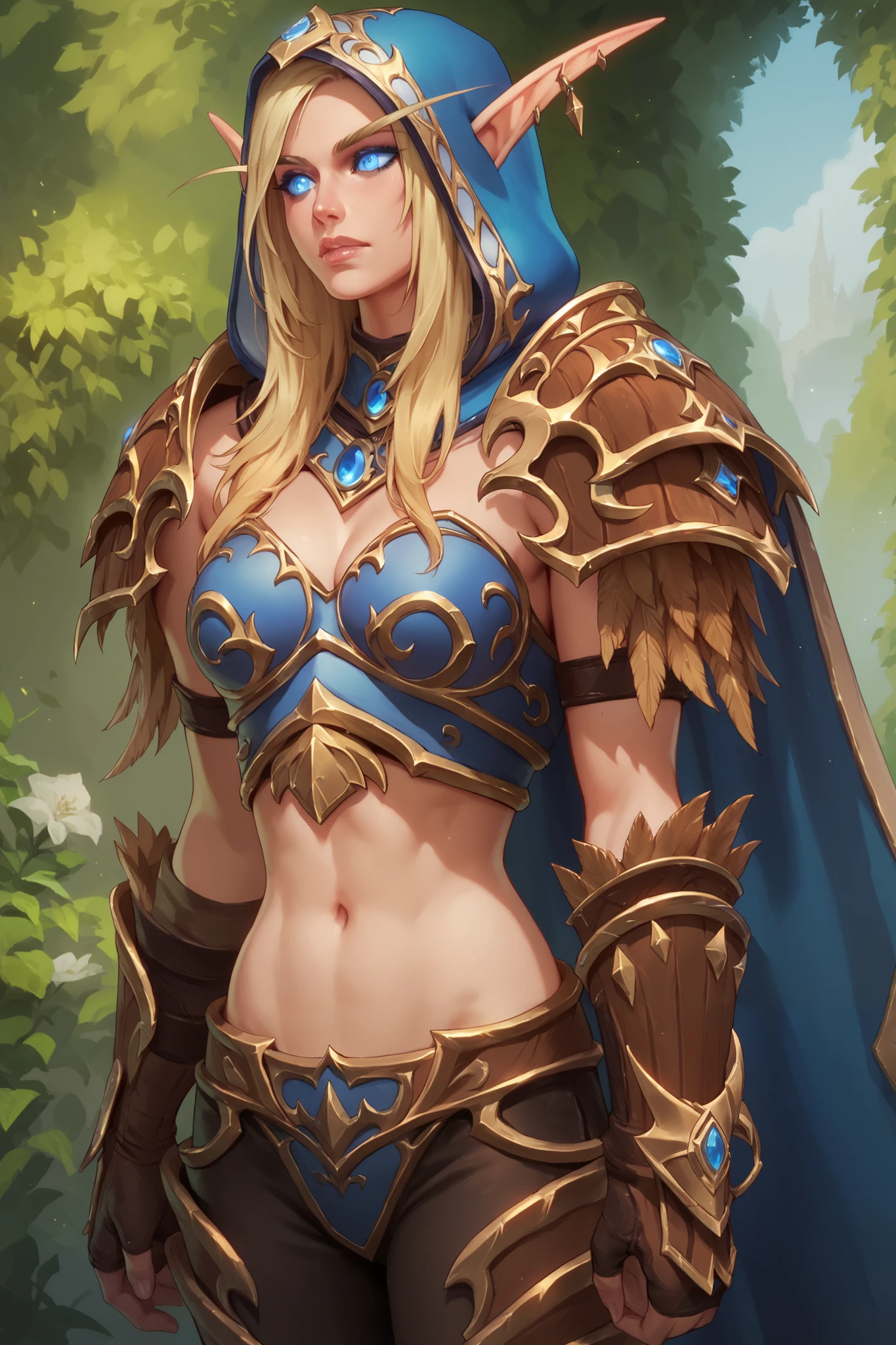 BREAK
 sylwingeneral, long hair, blue eyes, blonde hair, pointy ears, elf, brown eagle shaped shoulder armor, breastplate, hood, gloves, armor, midriff, cape, pants,