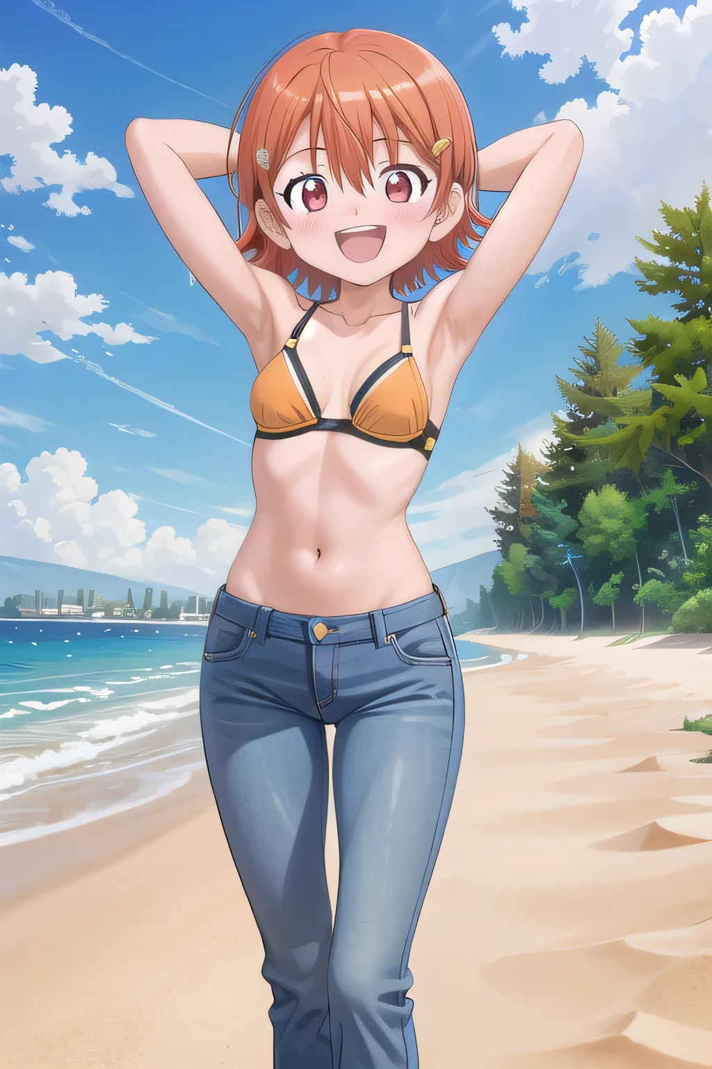 masterpiece,best quality,ultra detail,1girl, yo, pee, ((round face, ecstasy, orgasm face, drooping eyes, shame smiling, blush)), dropping eyes, sleepy, background((under the beach, (day:1.2), under sand beach, bright sky)), takenouchi_sora, short hair, orange hair, red eyes, arms behind head, contrapposto, spread armpits, looking at viewer,, Yellow bikini bra, (jeans pants:1.2, flares jeans:1.2, skinny jeans:1.2, blue jeans:1.2), standing, (legs spread:3:1), dynamic pose, Sweaty crotch, Steam from the crotch, Nice view, full body, barefeet