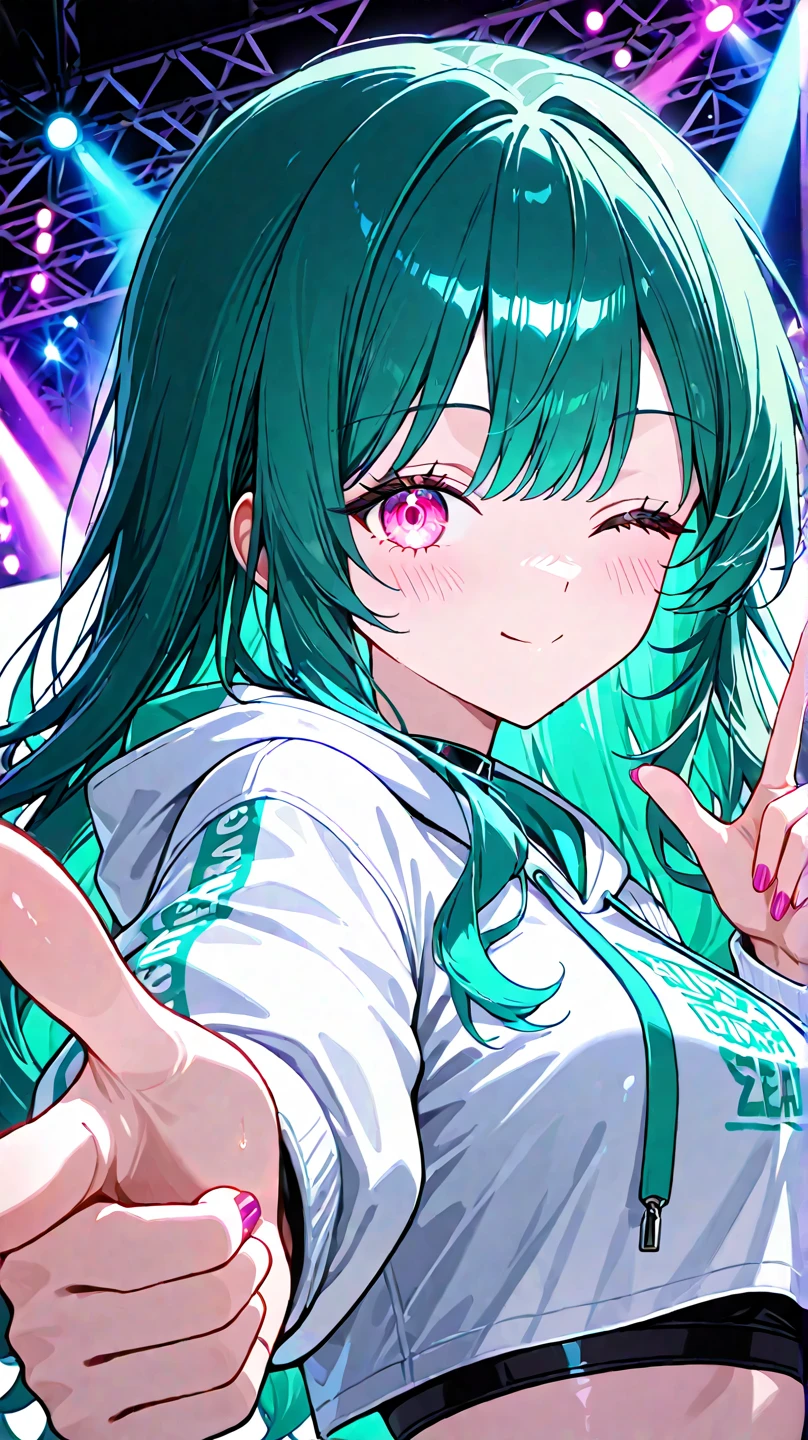 a woman with long wavy dark teal green hair, pink eyes, white hoodie crop top kpop outfit, stage, wink, concert, colorful lighting, blow air kiss, finger gun