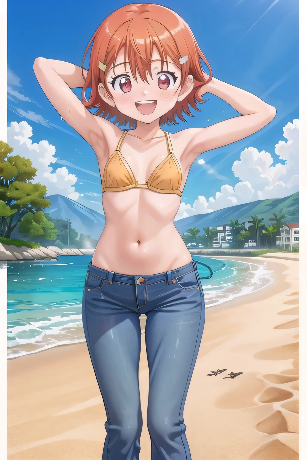 masterpiece,best quality,ultra detail,1girl, 14yo, petite, ((round face, ecstasy, orgasm face, drooping eyes, shame smiling, blush)), dropping eyes, sleepy, background((under the beach, (day:1.2), under sand beach, bright sky)), takenouchi_sora, short hair, orange hair, red eyes, arms behind head, contrapposto, spread armpits, looking at viewer,, Yellow bikini bra, (jeans pants:1.2, flares jeans:1.2, skinny jeans:1.2, blue jeans:1.2), standing, (legs spread:3:1), dynamic pose, Sweaty crotch, Steam from the crotch, Nice view, full body, barefeet