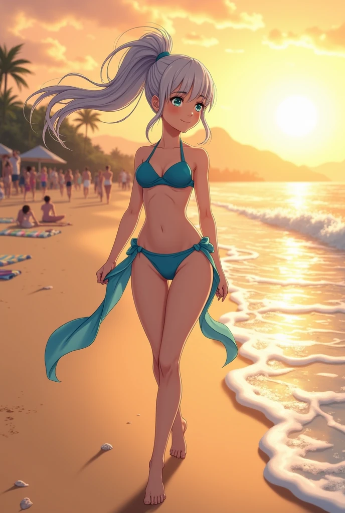 (highest quality:1.2, Very detailed, up to date, Vibrant, Ultra-high resolution, High Contrast, masterpiece:1.2, highest quality, Best aesthetics), Portraiture、girl、singer、Bright colors、Beautiful fine details、Beautiful lip detail、midium wave hair、red and white ((streaked hair:1.6)), highlights hair: 1.5, red eyes, slim body, middium breast, (tan skin:1.1), standing、((colorful micro bikini:1.3)), (Floral Fineline tattoo design on left arm:1), Resolute expression、Avid Fan、Rock star aura、beautiful beach, day, sun shine, blue sky, (Crawl on all fours on the sandy beach), from side, (full body)