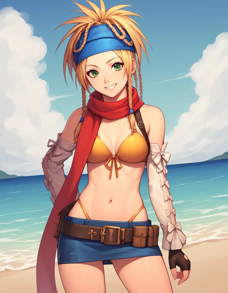 score_9,score_8_up,score_7_up,score_6_up,score_5_up,score_4_up BREAK source_anime,<lora:Princess_Peach_Shiny_Style_V2:0.6>,1girl,blush,(shiny skin:0.7),skinny,choker,outdoors,beach,bloom,pose,ocean,sand,palm tree,sunset,medium breasts,smile,cute,<lora:RikkuX_XLPD:0.9>,RikkuX2,blue headband,yellow bikini,scarf,skirt,navel,detached sleeves,bikini top only,