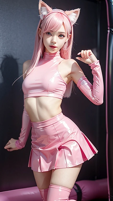  teenager with pink hair, slim model, Latex top  ,  pleats latex skirt pink,  latex arm warmer ,  knee-high latex boots, Cat ears, bouncy castle  ,  realistic , 