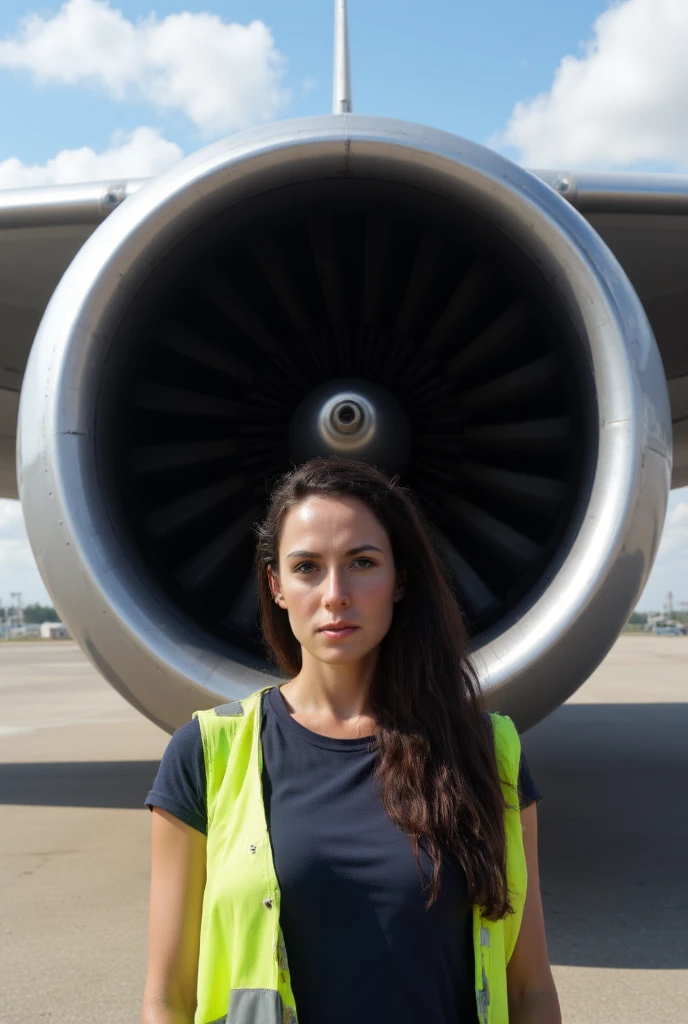 A hyper-realistic scene depicts a young woman standing confidently in front of a colossal airplane engine outdoors, with the aircraft’s sleek fuselage partially visible in the background. The sky above is a vibrant blue with soft, scattered clouds, creating a bright and open atmosphere. The polished engine reflects sunlight, highlighting its intricate fan blade design and emphasizing the power and scale of the machinery.

The woman is positioned slightly to the side of the engine, adopting a natural, relaxed stance. She shifts her weight slightly onto one leg, with one arm gently resting on her hip and the other hanging loosely by her side. Her posture conveys confidence without appearing staged, blending professionalism with ease. She gazes at the camera with a calm and approachable expression, her head slightly tilted for a dynamic yet effortless look.

Her neon yellow safety vest is clean and neatly fitted over a dark blue t-shirt, which complements the industrial tones of the setting. Her long, black hair is styled to appear naturally flowing, subtly lifted by a gentle outdoor breeze for a realistic sense of movement. Her appearance is tidy and professional, with no visible dirt or wear on her clothing, maintaining a polished and work-ready impression.

The lighting is bright and evenly distributed, with sunlight illuminating her face and casting soft shadows that enhance depth without overpowering the scene. The airplane engine, with its massive scale and reflective surface, serves as a striking backdrop while the composition ensures the woman remains the focal point. The overall image captures a balanced interplay of human presence and technological marvel, creating a scene that feels dynamic, natural, and visually compelling.