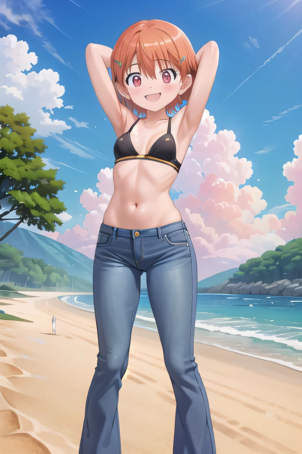 masterpiece,best quality,ultra detail,1girl, 14yo, petite, ((round face, ecstasy, orgasm face, drooping eyes, shame smiling, blush)), dropping eyes, sleepy, background((under the beach, (day:1.2), under sand beach, bright sky)), takenouchi_sora, short hair, orange hair, red eyes, arms behind head, contrapposto, spread armpits, looking at viewer,, Yellow bikini bra, (jeans pants:1.2, flares jeans:1.2, skinny jeans:1.2, blue jeans:1.2), standing, (legs spread:3:1), dynamic pose, Sweaty crotch, Steam from the crotch, Nice view, full body, barefeet