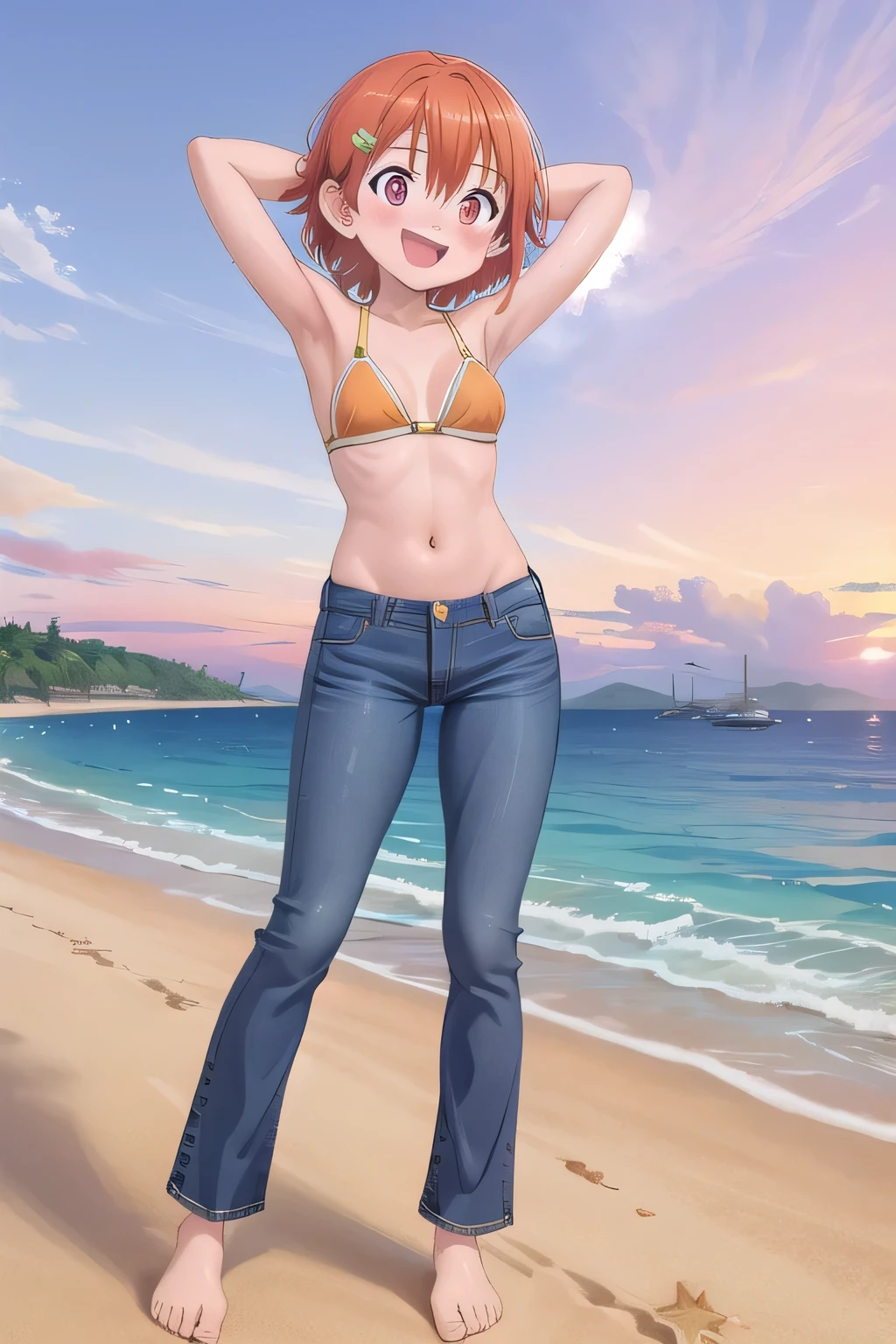 masterpiece,best quality,ultra detail,1girl, 14yo, petite, ((round face, ecstasy, orgasm face, drooping eyes, shame smiling, blush)), dropping eyes, sleepy, background((under the beach, (day:1.2), under sand beach, bright sky)), takenouchi_sora, short hair, orange hair, red eyes, arms behind head, contrapposto, spread armpits, looking at viewer,, Yellow bikini bra, (jeans pants:1.2, flares jeans:1.2, skinny jeans:1.2, blue jeans:1.2), standing, (legs spread:3:1), dynamic pose, Sweaty crotch, Steam from the crotch, Nice view, full body, barefeet