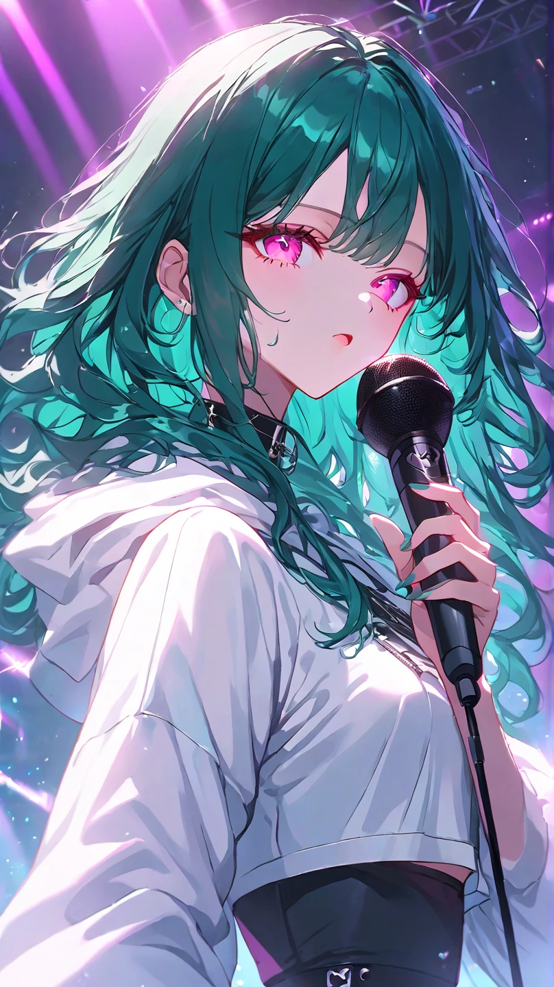 a woman with long wavy dark teal green hair, pink eyes, white hoodie crop top kpop outfit, stage, wink, concert, colorful lighting, blow air kiss, holding microphone