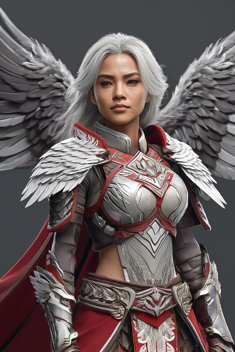 Female character, (ethnicity:1.1), (age:1.1), (detailed clothing:1.2), (accessories:1.1), (facial features:1.3), (expression:1.2), (body type:1.1), (pose:1.2),  with large feathered wings,  (detailed wing patterns:1.2),  red and gray attire, midriff-bare,  (detailed armor:1.2), ,  holding a weapon with ornate details, (detailed weapon:1.1),  on a flat, neutral gray background,  (detailed hair:1.2), light gray/white hair, looking slightly to the right,  (detailed hands:1.1),  (detailed legs:1.1),  mid-shot, (body posture:1.2),  stylized character design,  2.5D graphic style,  detailed shading,  dark-toned,  fantasy art, video game character, sharp focus, meticulous details, character art drawing, comic style digital illustration.