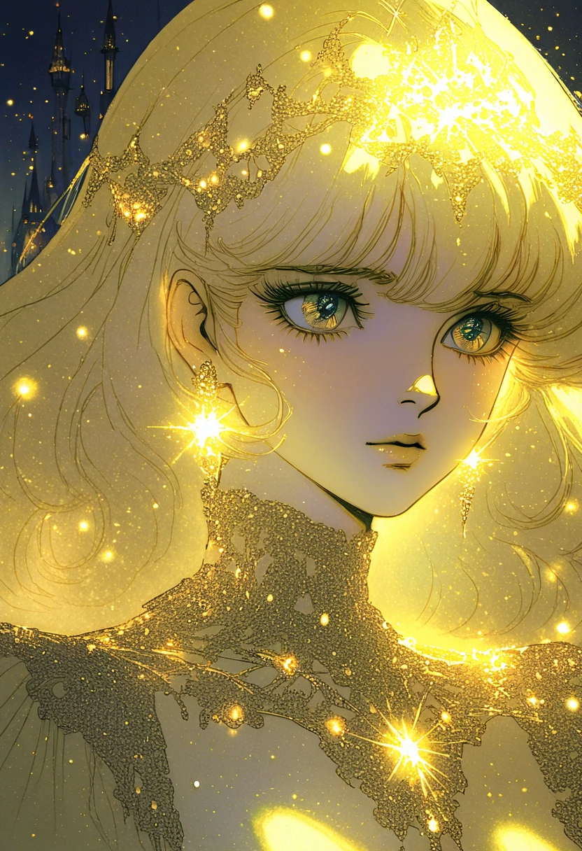 1980s anime style, gold theme, shiny, gold light cascade down, glow particles, 1girl, solo, gold hair, portrait, gothic dress, high heels, look at me,  masterpiece:1.2, fantasy style illustration, hand drawn outline, watercolor anime, ultra detailed drawing, romantic castle background, 