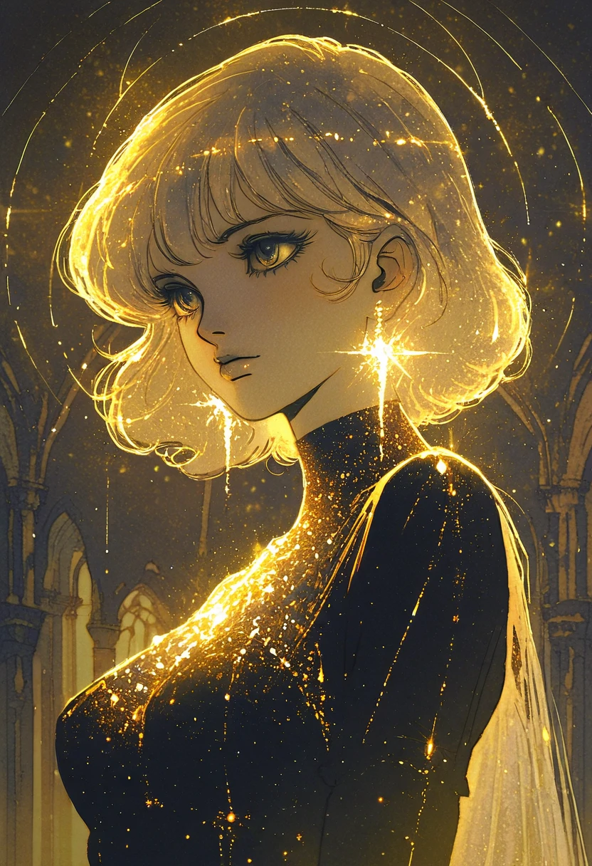 1980s anime style, gold theme, shiny, gold light cascade down, glow particles, 1girl, solo, gold hair, portrait, gothic dress, high heels, look at me,  masterpiece:1.2, fantasy style illustration, hand drawn outline, watercolor anime, ultra detailed drawing, romantic castle background, 